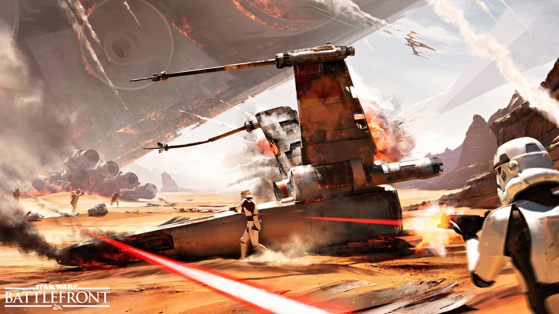 rays, the sky, the explosion, 1080P, smoke, Star Wars: Battlefront, stormtroopers, logo, EA DICE, blasters, desert, Electronic Arts, armor, helmet, battle, HD Wallpaper