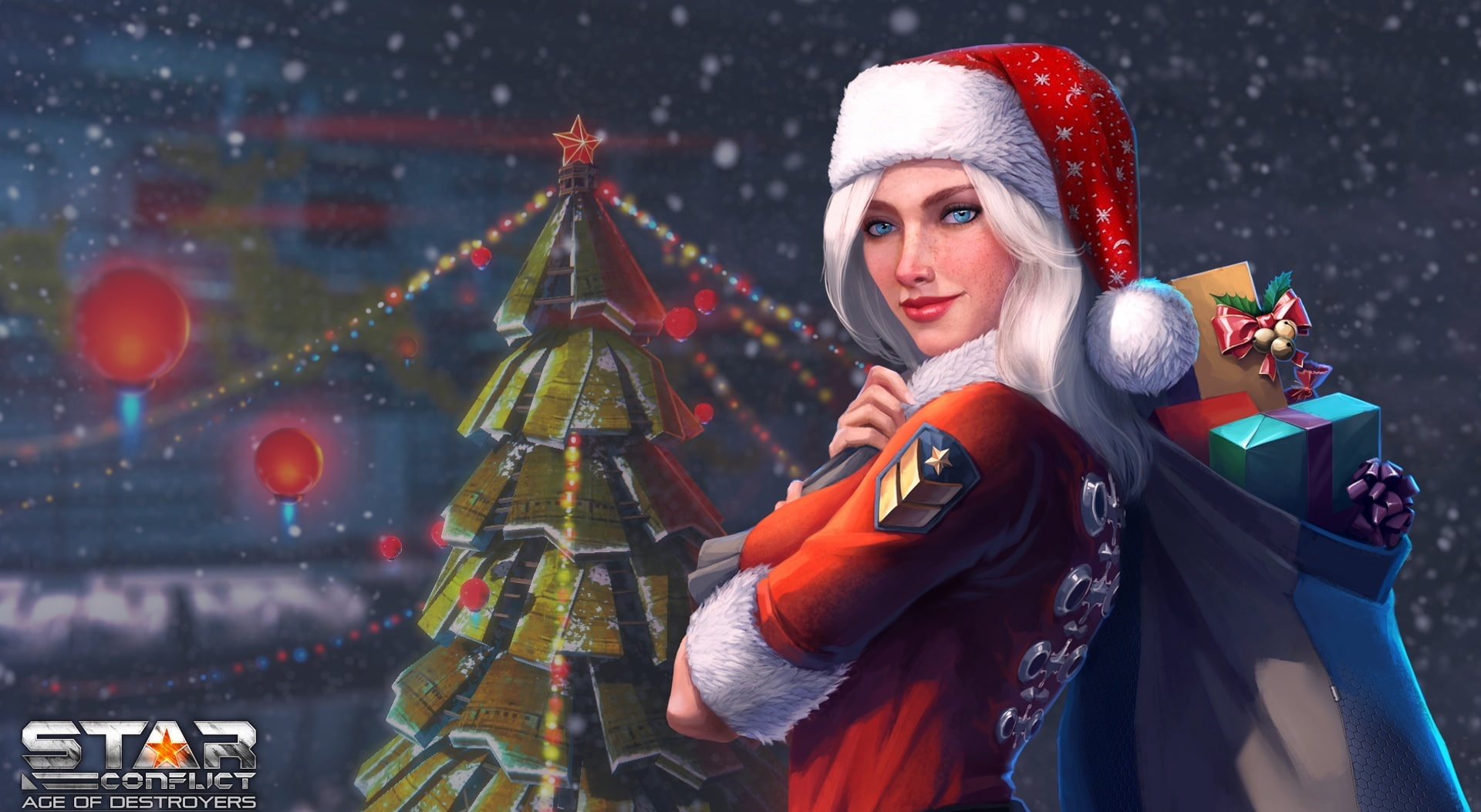 adult, Other Games, Christmas, winter, star conflict, decoration, portrait, Games, Santa, beauty, beautiful woman, gift, young women, 1080P, santa hat, HD Wallpaper