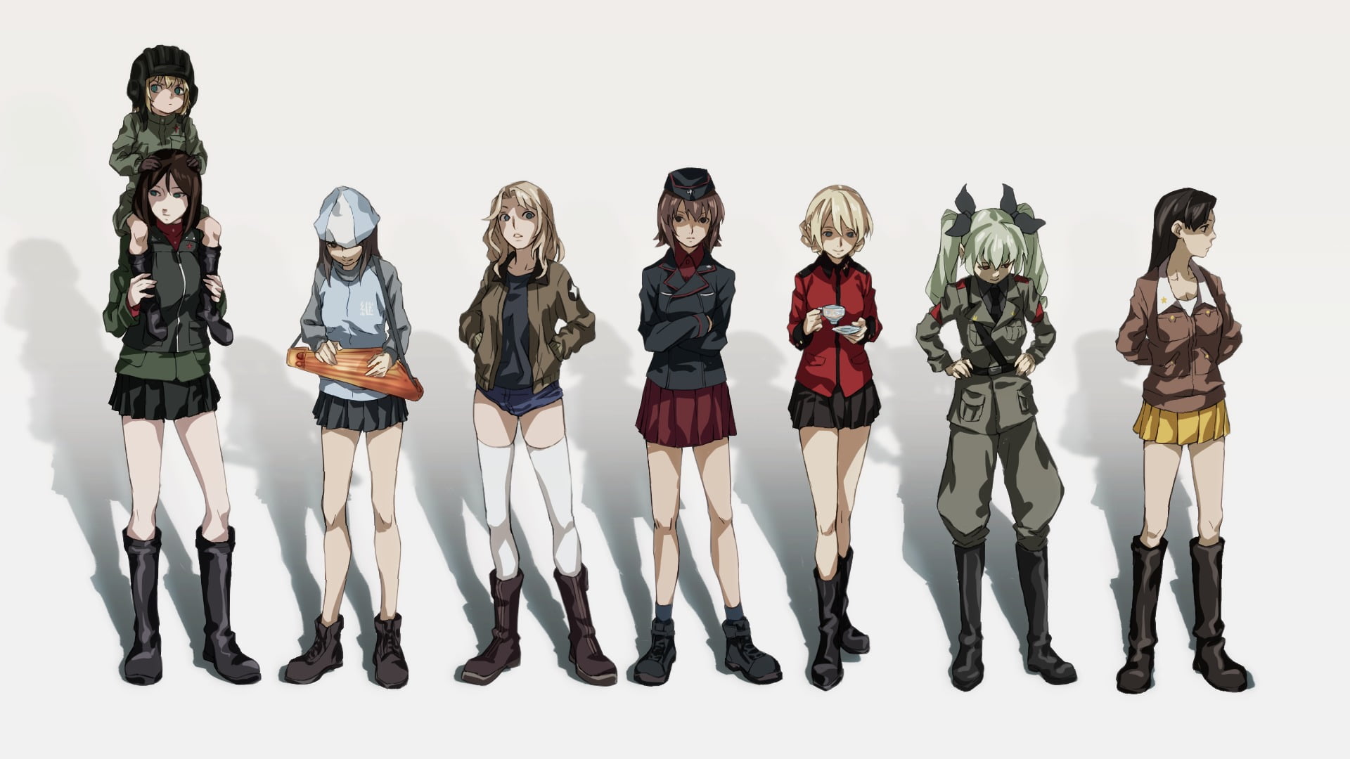 anime girls, variation, adult, representation, group of people, human representation, cut out, clothing, in a row, full length, Nishizumi Maho, digital composite, HD Wallpaper