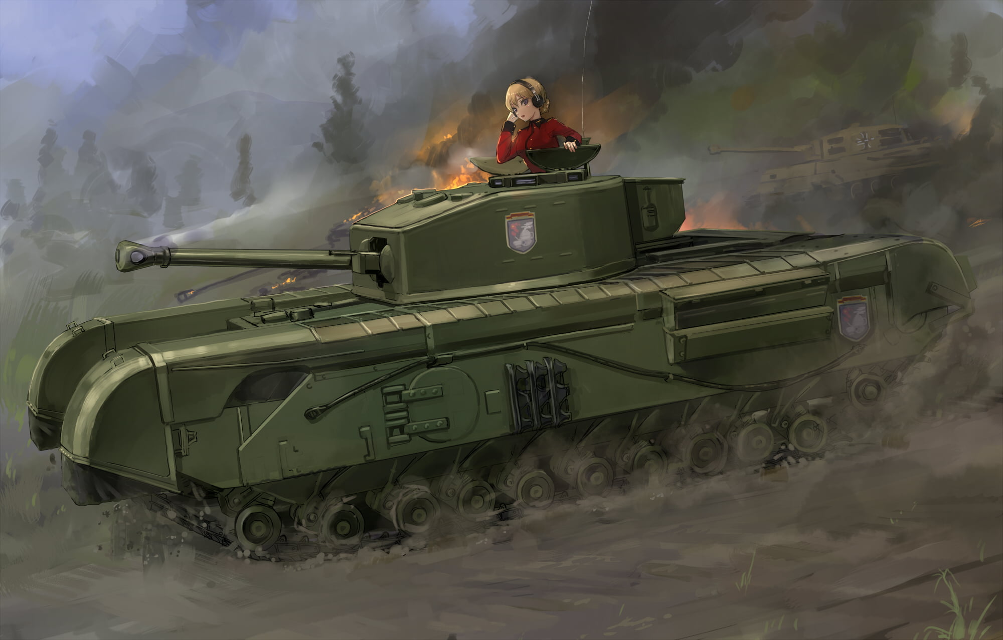 smoke - physical structure, Girls und Panzer, clothing, tank, day, real people, nature, protection, one person, Churchill Mk.VII, mode of transportation, HD Wallpaper