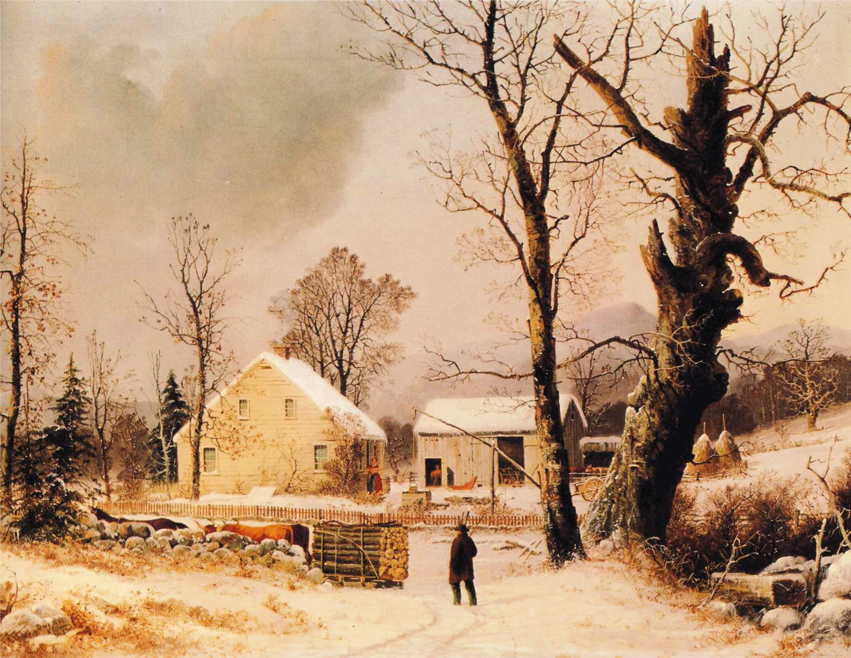 winter, snow, art, 720P, oil on canvas, bare, artistry, men, country, built structure, trees, painting, residential district, walking, file, sky, countryside, HD Wallpaper