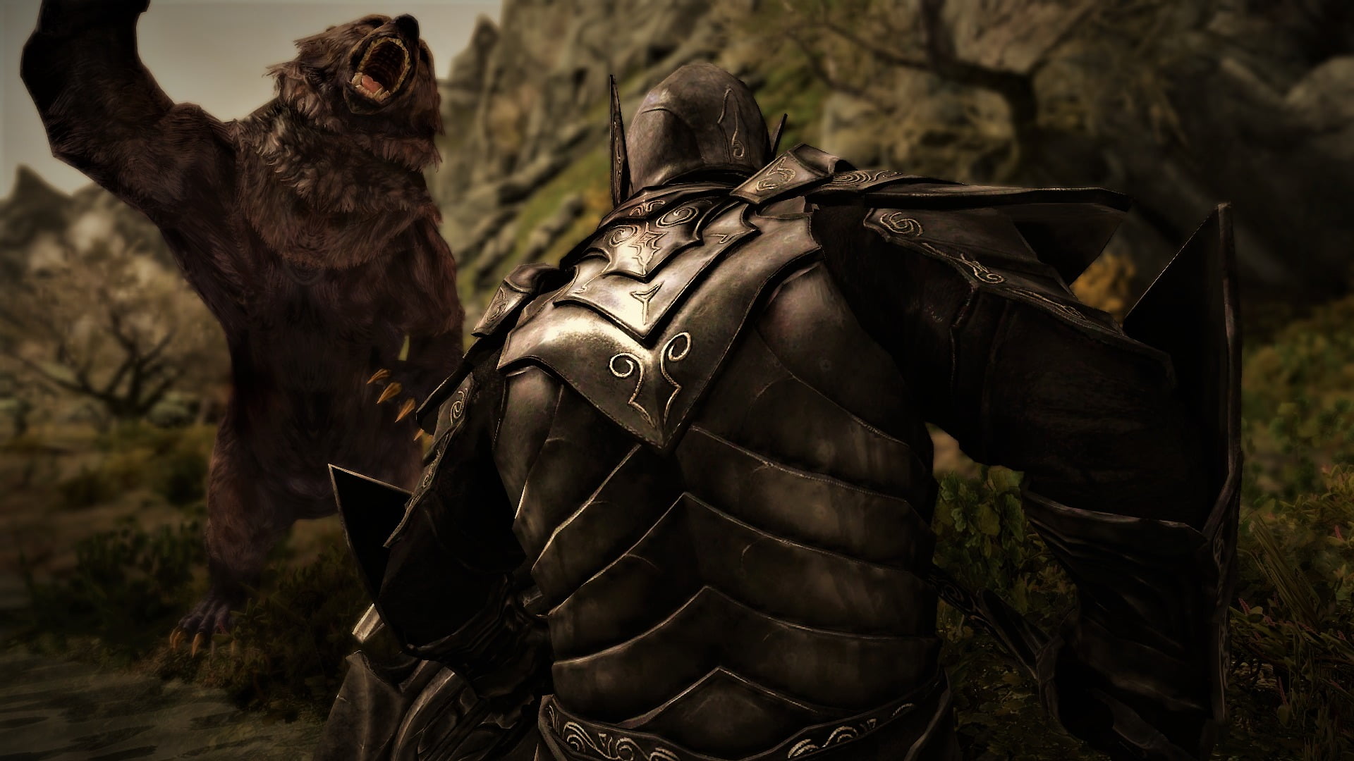 The Elder Scrolls V: Skyrim, working animal, horse, video games, domestic, mammal, 1080P, pets, black, knight - person, nature, day, tree, land, focus on foreground, HD Wallpaper
