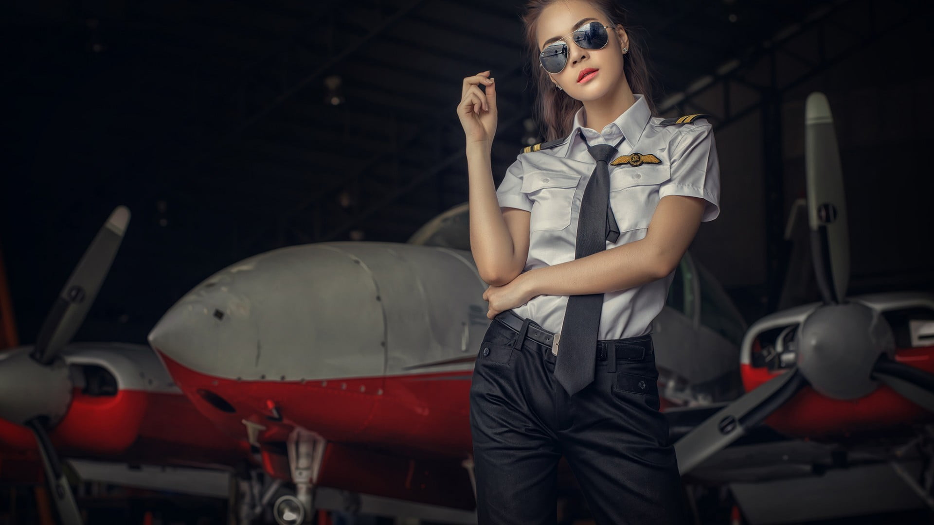 1080P, airplane, uniform, transportation, young adult, aerospace industry, young women, gray, one person, adult, protection, model, sunglasses, three quarter length, HD Wallpaper