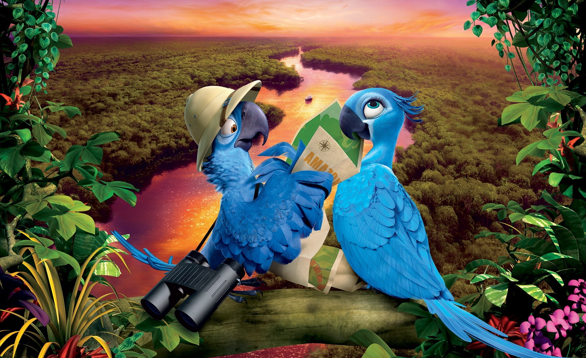 nature, two, outdoors, tree, water, sunset, birds, 1080P, toy, animal, no people, 2014, rio 2, animal representation, stuffed toy, beauty in nature, HD Wallpaper