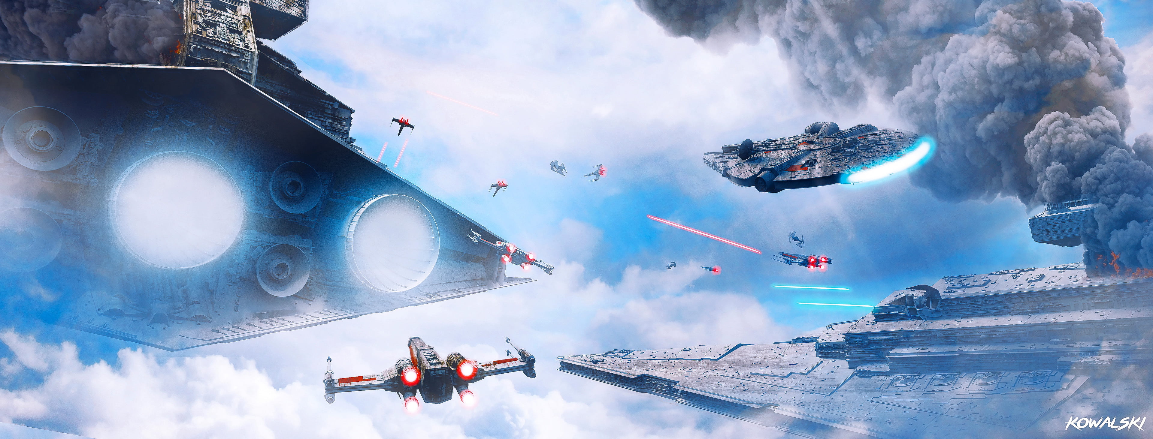 X-wing, 4K, Star Destroyer, science fiction, Star Wars, digital art, Millenium Falcon, Imperial Forces, battle, HD Wallpaper