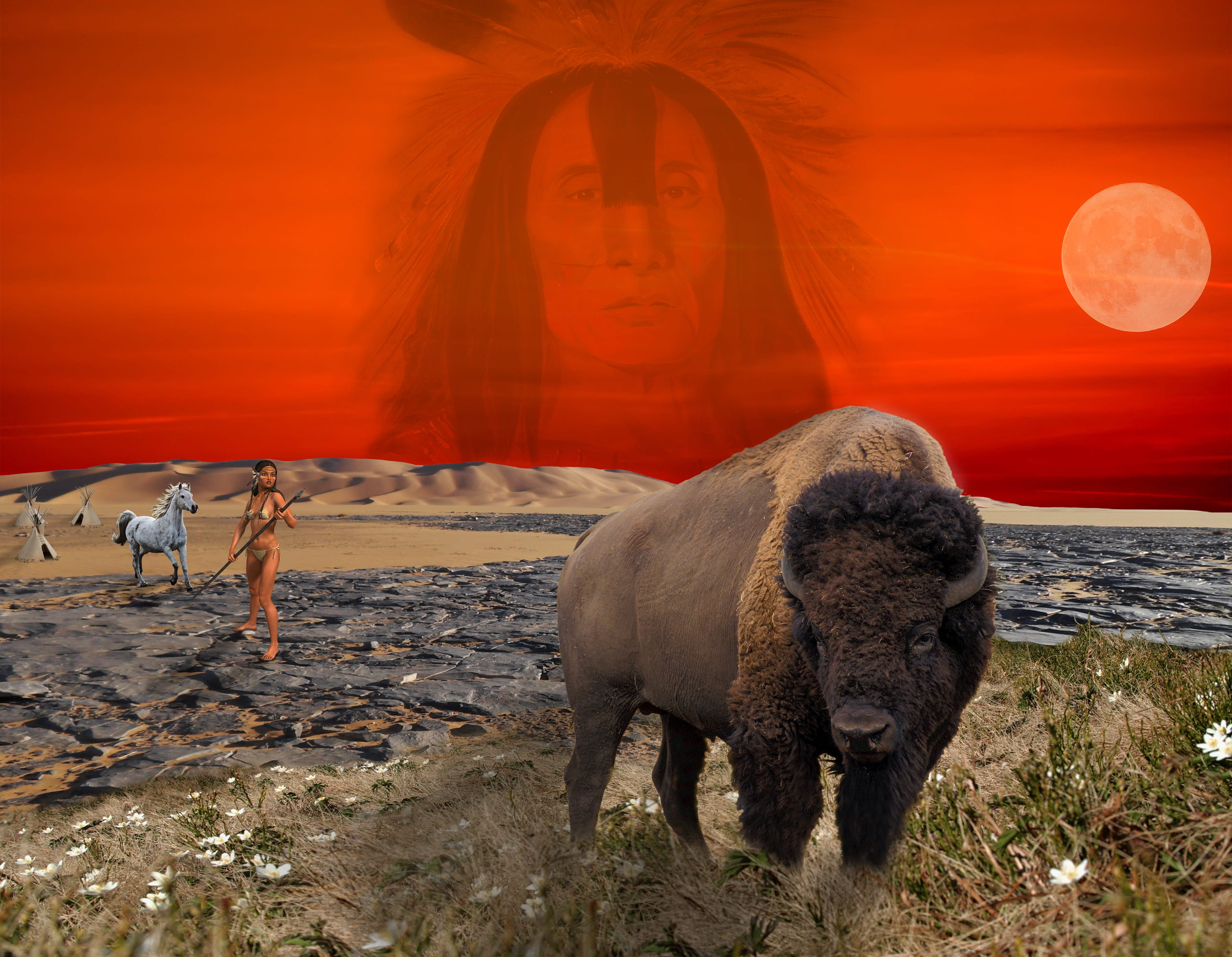 woman, domestic, fantasy, horse, outdoors, group of animals, domestic animals, herbivorous, sunset, sky, livestock, warrior, grass, mammal, moon, land, HD Wallpaper