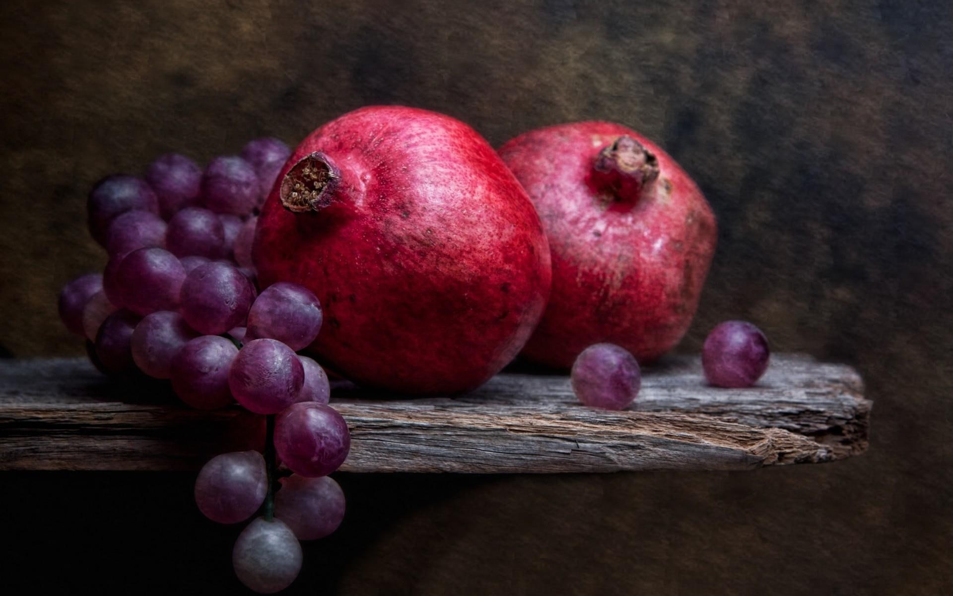 painting, pomegranates, 1920x1200, grapes, 1080P, grape, two, photography, pomegranate, fruit, HD Wallpaper