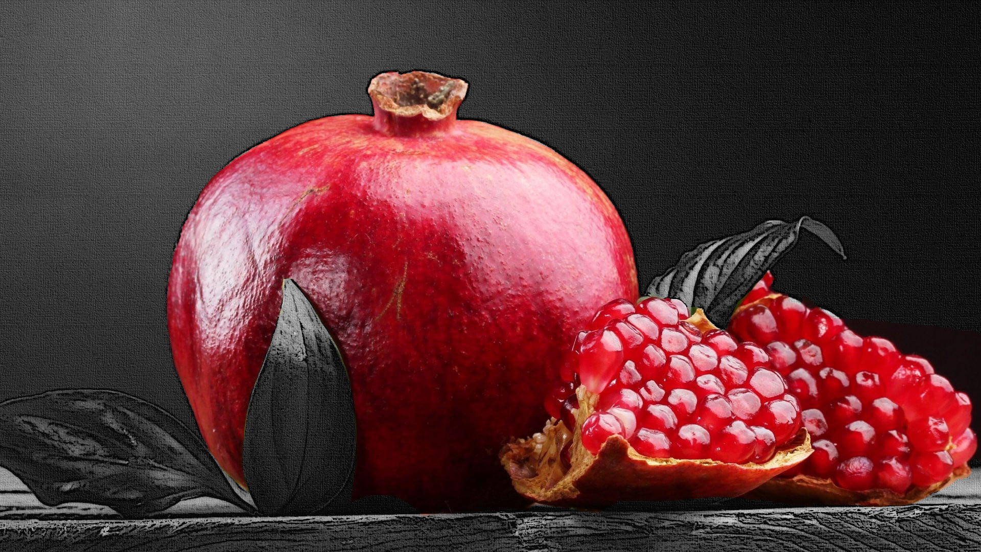 food, vegetarian food, food and drink, still life, nature, slice, organic, black background, black and white, Pomegranate, 1080P, apple - fruit, seed, HD Wallpaper