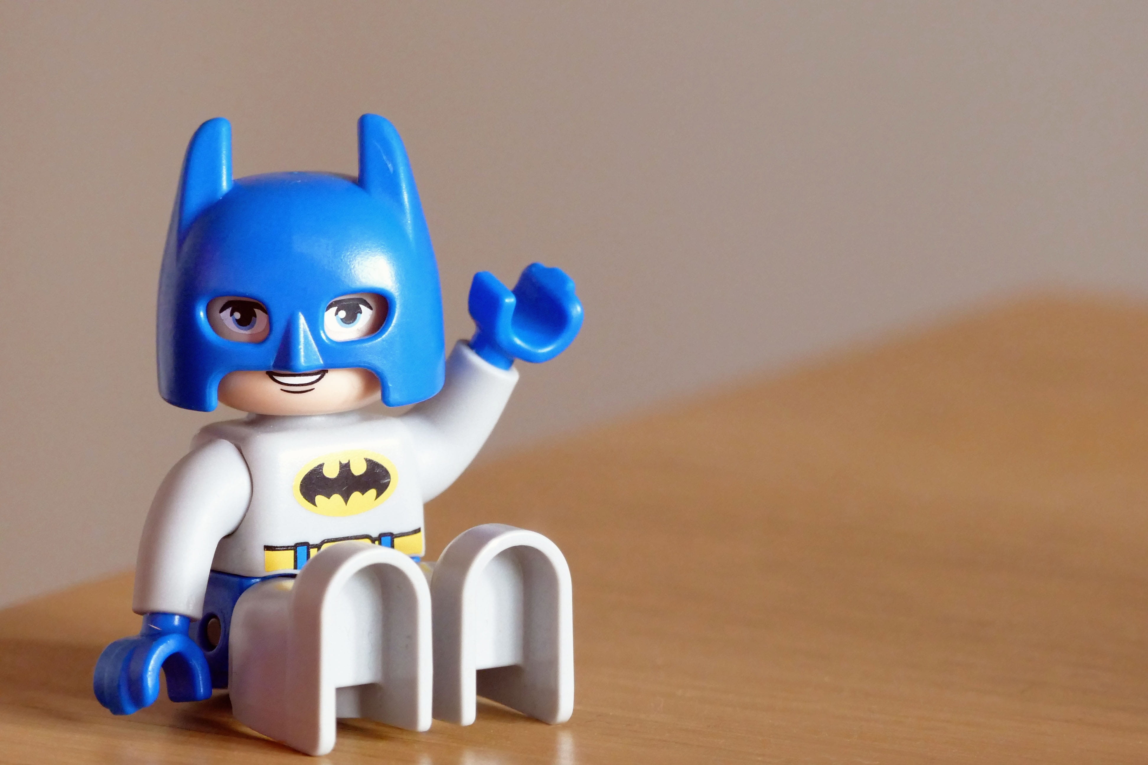 human representation, toy, playtime, mask, bat, characters, cheerful, hand, play, smiling, studio shot, doll, purple, indoors, table, costume, blue, action figure, HD Wallpaper