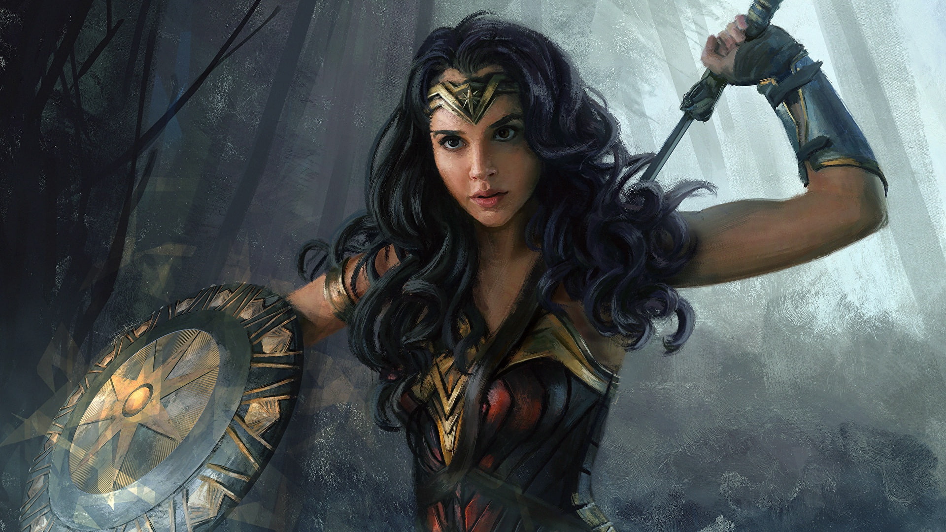 Gal Gadot, amazon, paiting art, shield, artwork, DC Comics, fantasy art, weapons, superhero, Wonder Woman, fantasy, sword, paintig, 1080P, warrior, HD Wallpaper