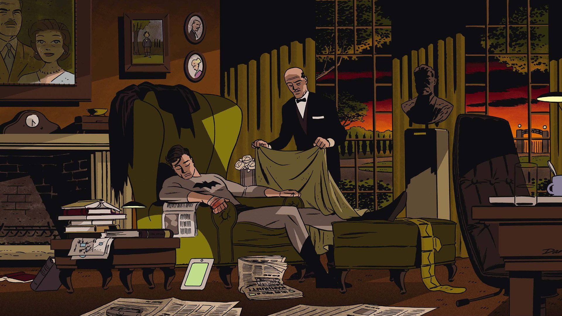 Chair, Home, Butler, Comic, DC Comics, Dark Knight, Care, 1080P, Newspapers, Comics, Mansion, Bruce Wayne, Books, Costume, Photo, The Dark Knight, Detective, HD Wallpaper