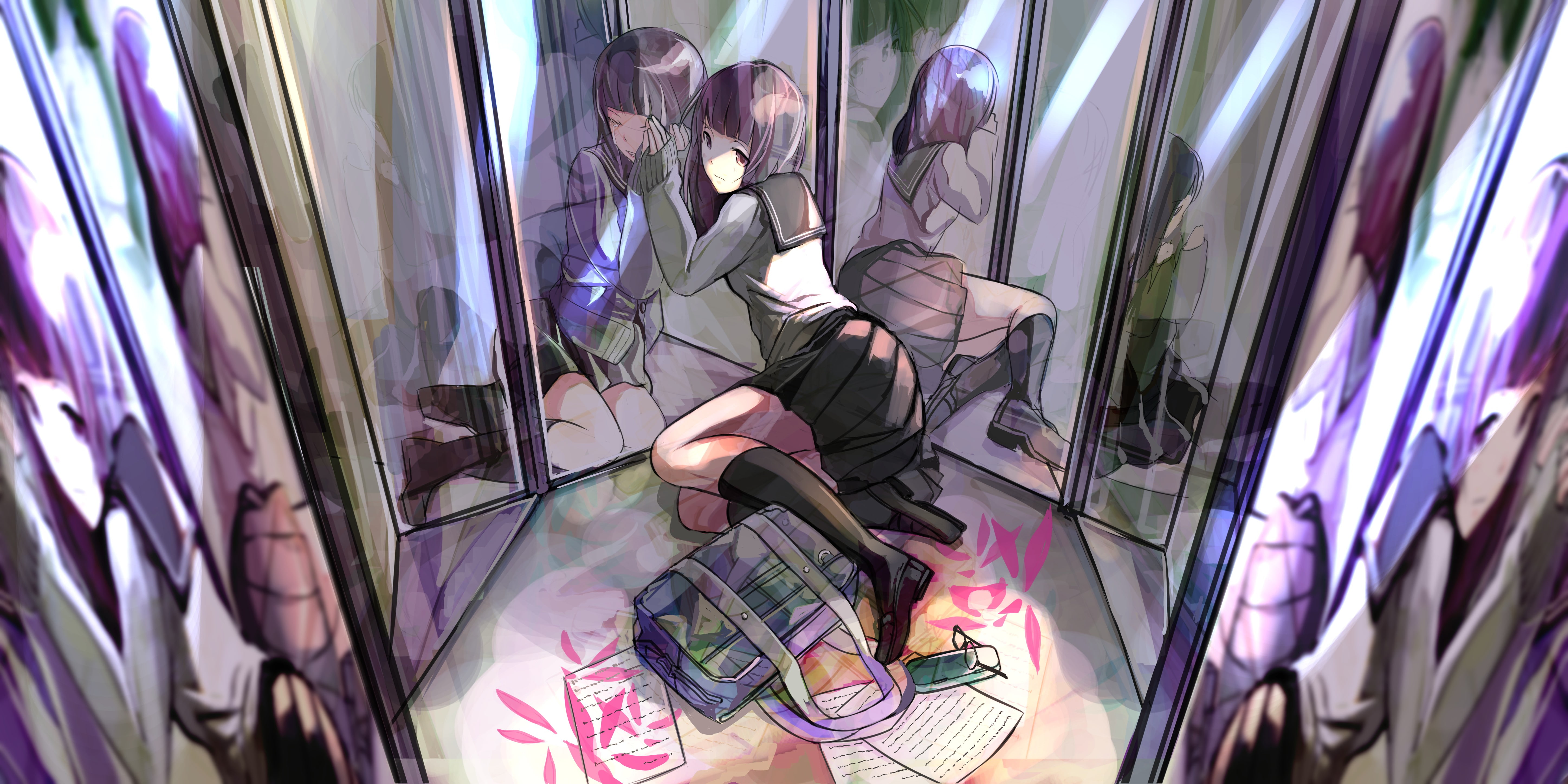 schoolgirl, mirror, 5K, knee-highs, skirt, anime girls, schoolbags, school uniform, anime, HD Wallpaper