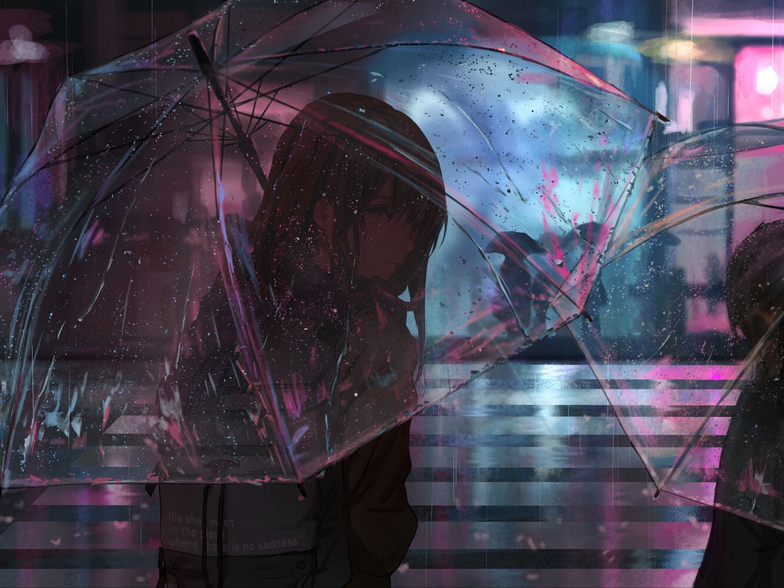 city, brown eyes, night, anime, jacket, schoolbags, artwork, long hair, anime girls, bangs, 720P, umbrella, looking at viewer, looking back, schoolgirl, HD Wallpaper
