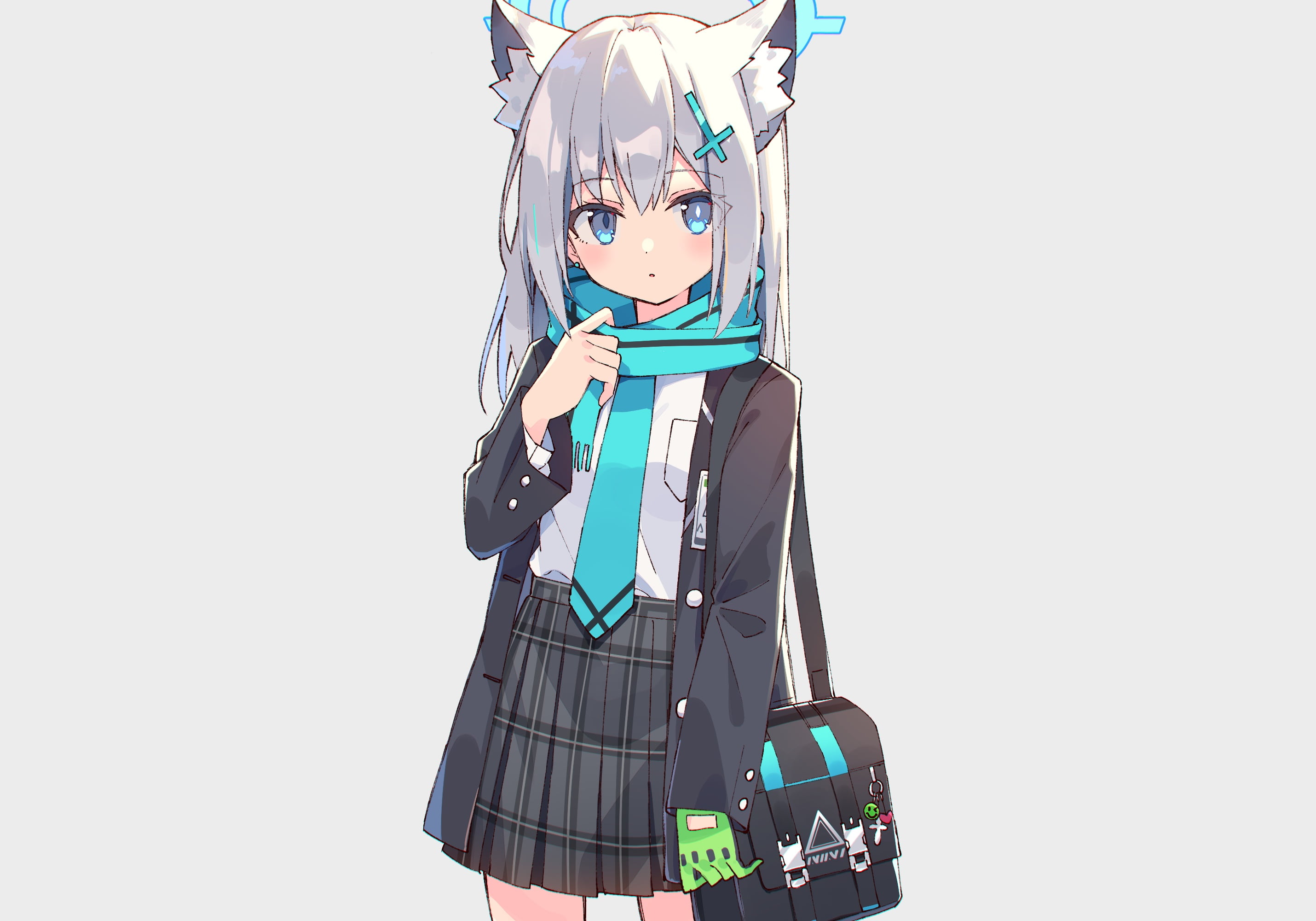 skirt, Wolf girl, schoolbags, missing glove, artwork, illustration, scarf, blue eyes, Key Chain, 2K, hair pins, bangs, long hair, anime, school uniform, HD Wallpaper