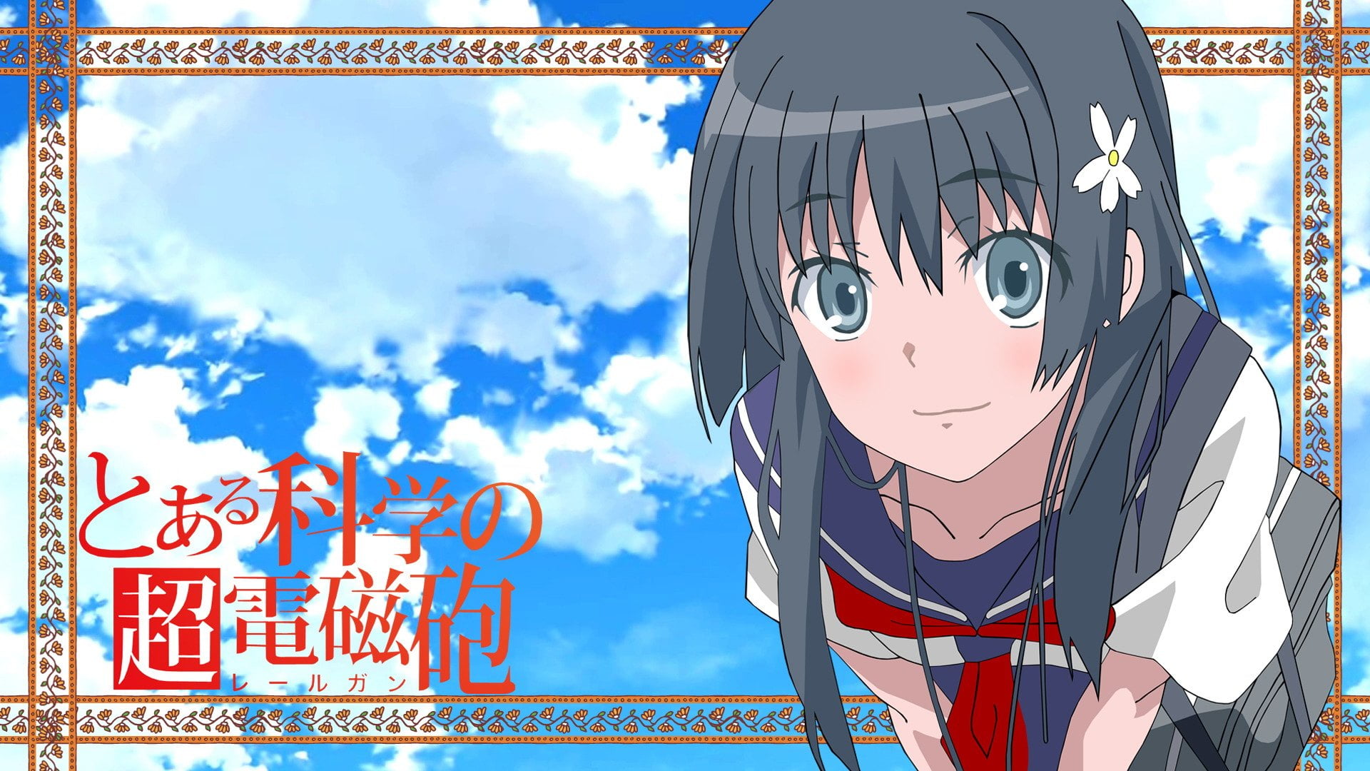 gray hair, clouds, schoolbags, flower in hair, 1080P, school uniform, sky, looking at viewer, bangs, gray eyes, schoolgirl, anime girls, HD Wallpaper