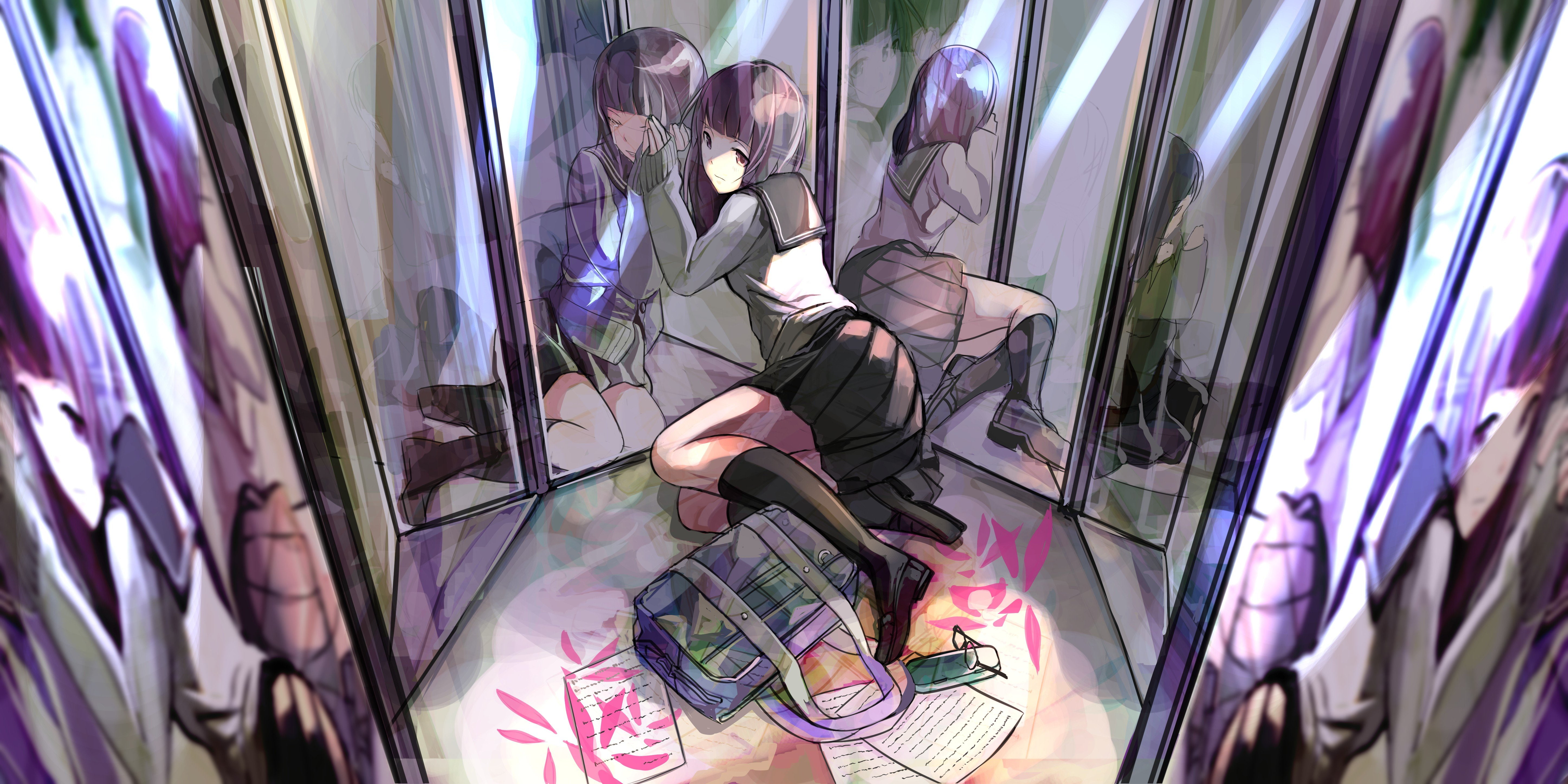 Anime Girls, School Uniform, Skirt, schoolgirls, Schoolbags, anime, 5K, Mirror, HD Wallpaper