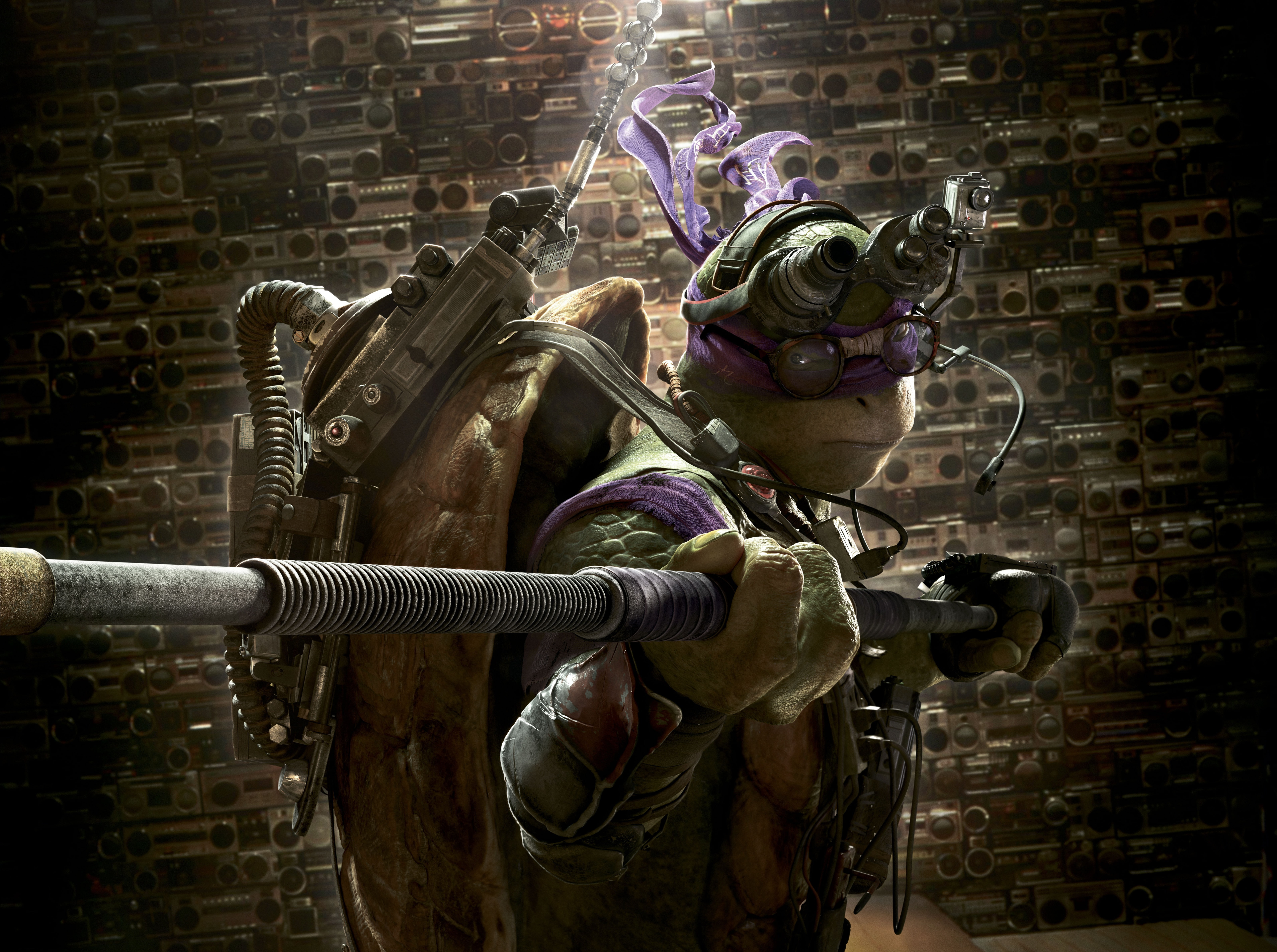 wall - building feature, clothing, gas mask, brick, safety, Ninja Turtles, 2014, wall, indoors, protection, mutant, teenage, holding, headwear, HD Wallpaper