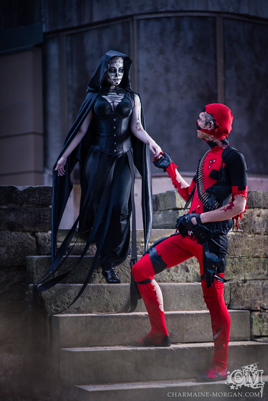 fashion, protection, architecture, red, standing, real people, lady, staircase, adult, cosplay, security, clothing, day, Death (Marvel), 720P, costumes, Phone HD Wallpaper
