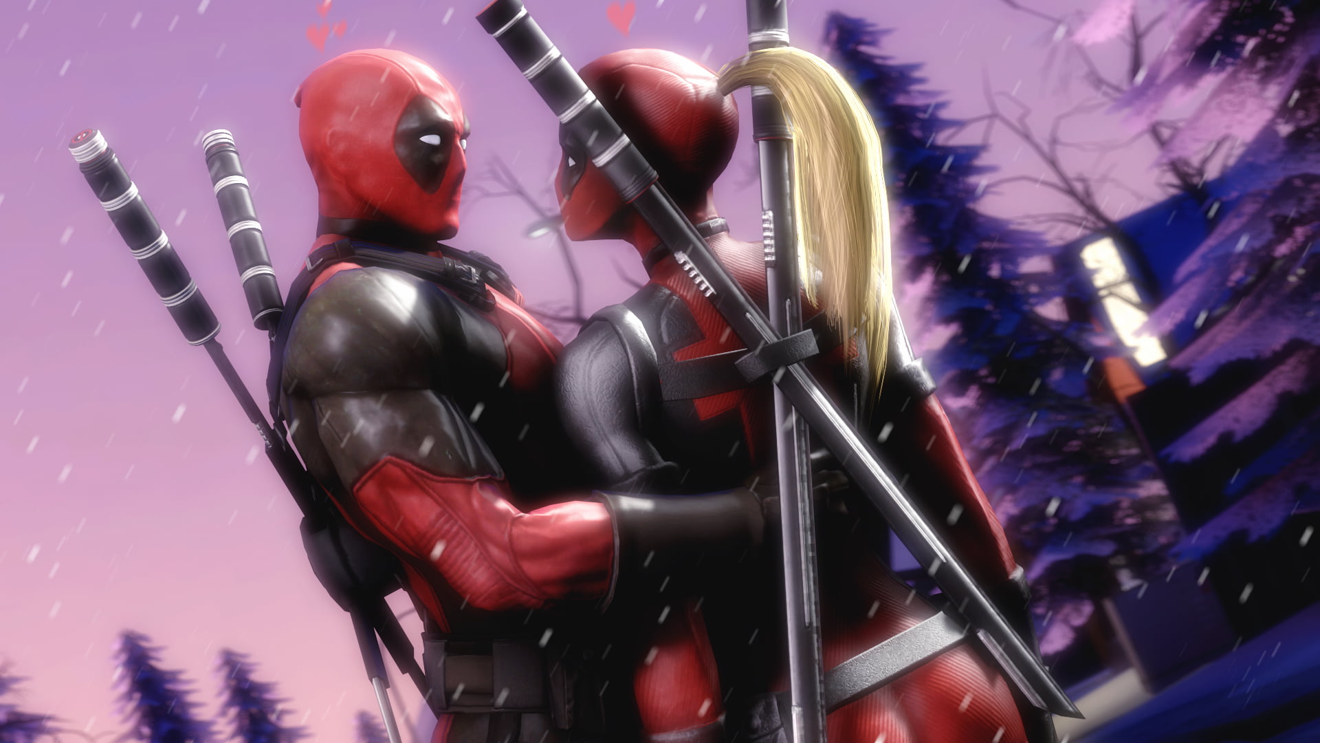 marvel, celebration, outdoors, illuminated, statue, Lady Deadpool, futuristic, Deadpool, red, event, creativity, movie, characters, plastic, low angle view, HD Wallpaper