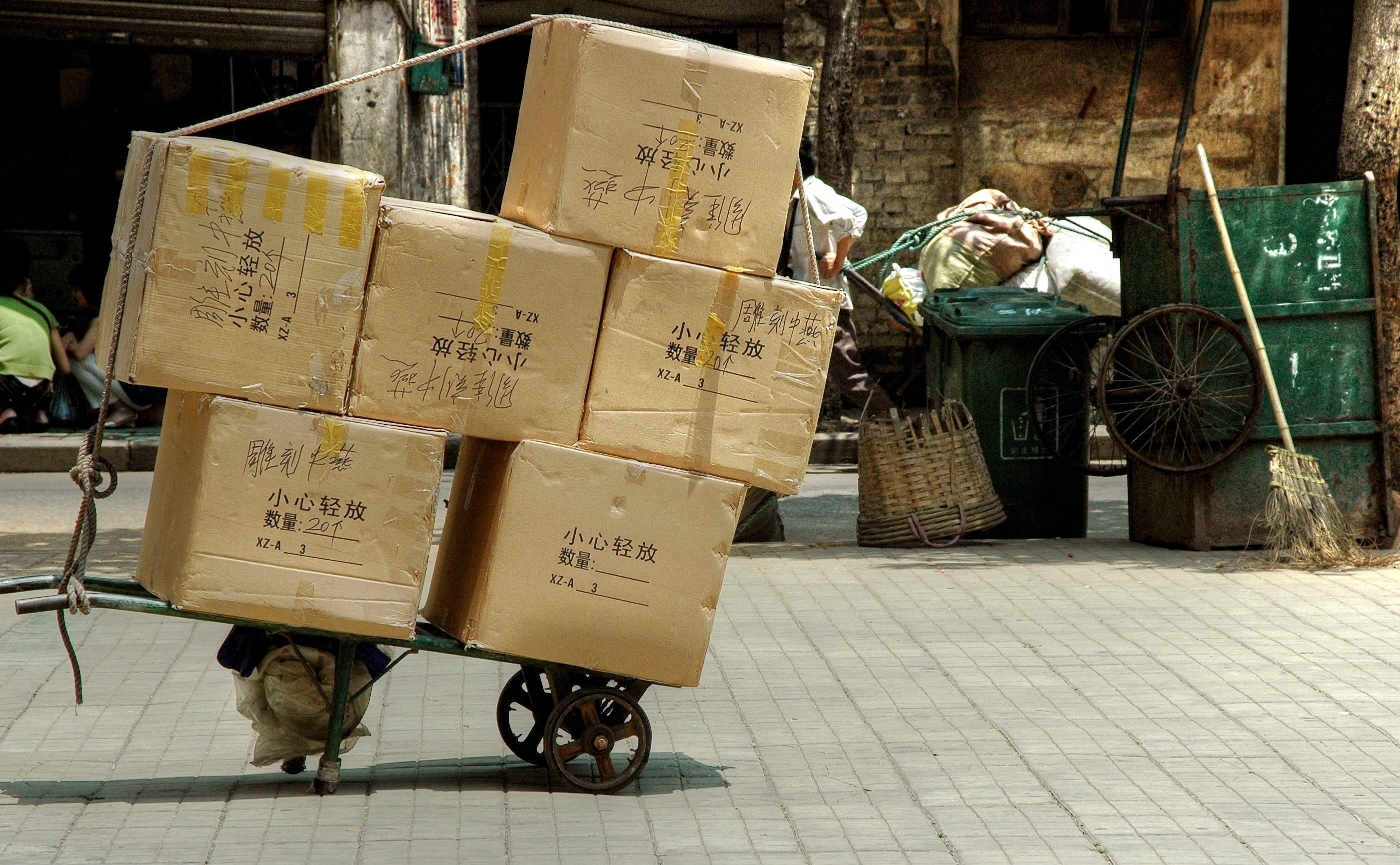 communication, cardboard, no people, footpath, box, cart, industry, China, street, city, large group of objects, incidental people, architecture, cardboard box, HD Wallpaper