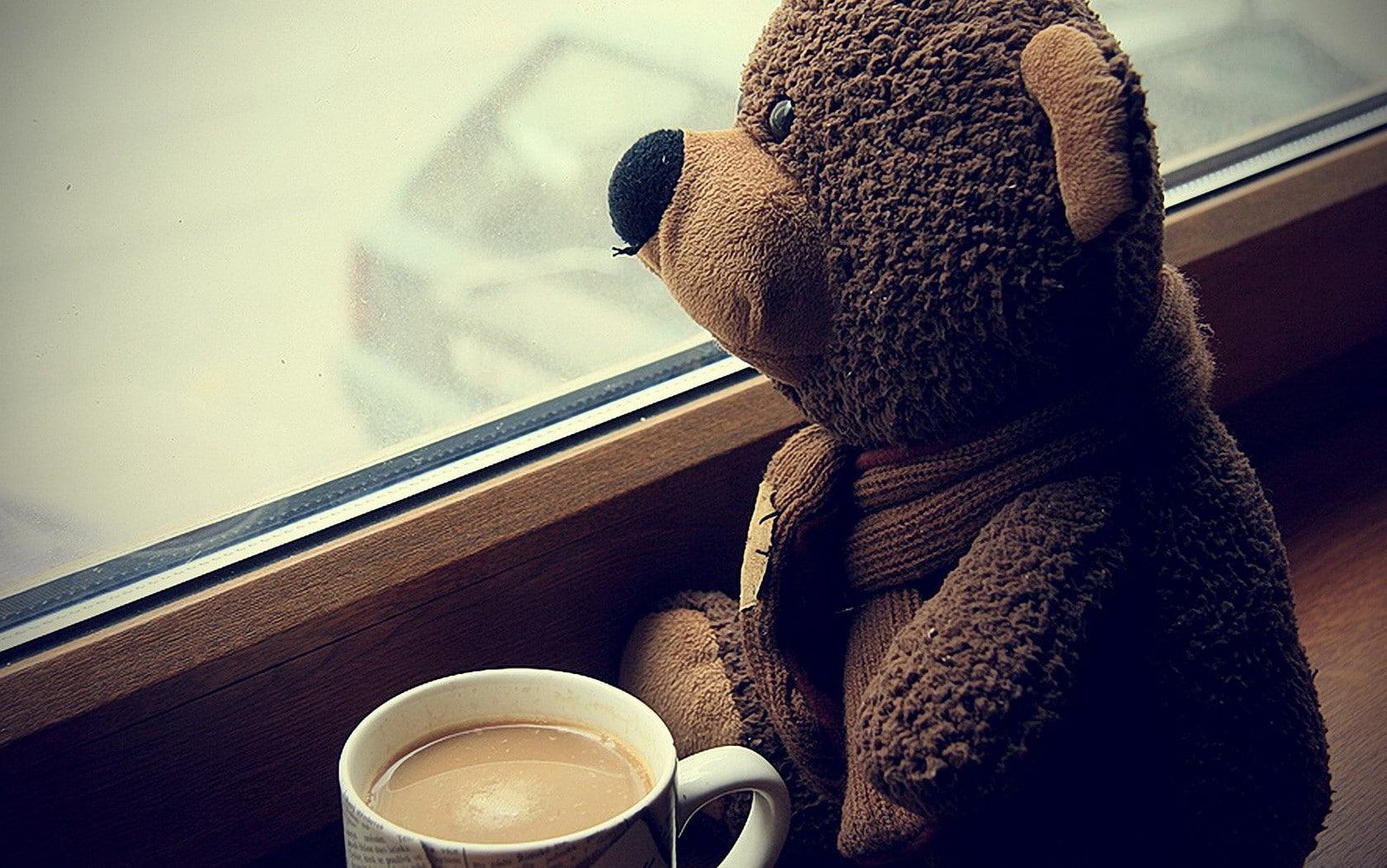 720P, window, sad, teddy bears, coffee, cup, scarf, sitting, HD Wallpaper