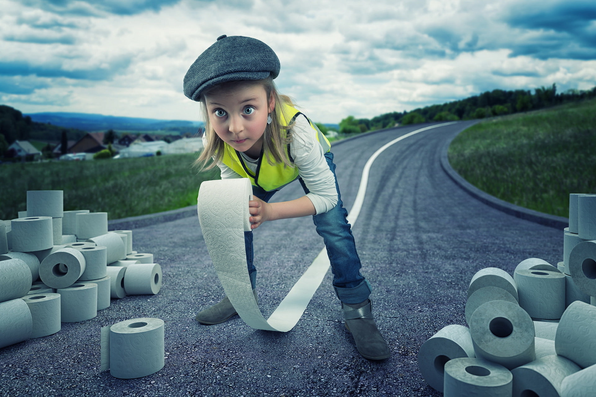 toilet paper, 1080P, girl, rolls, road, HD Wallpaper