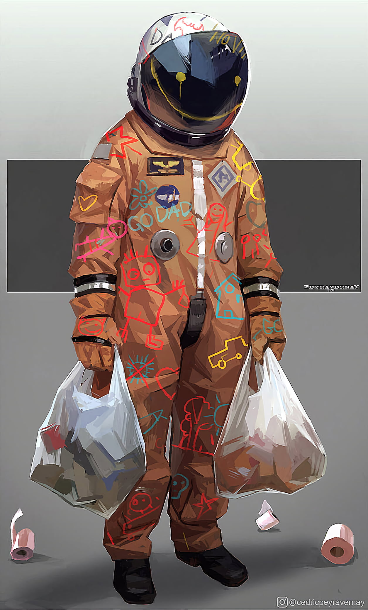 space suit, smiley, drawing, bag, astronaut, 1080P, helmet, toilet paper, Phone HD Wallpaper