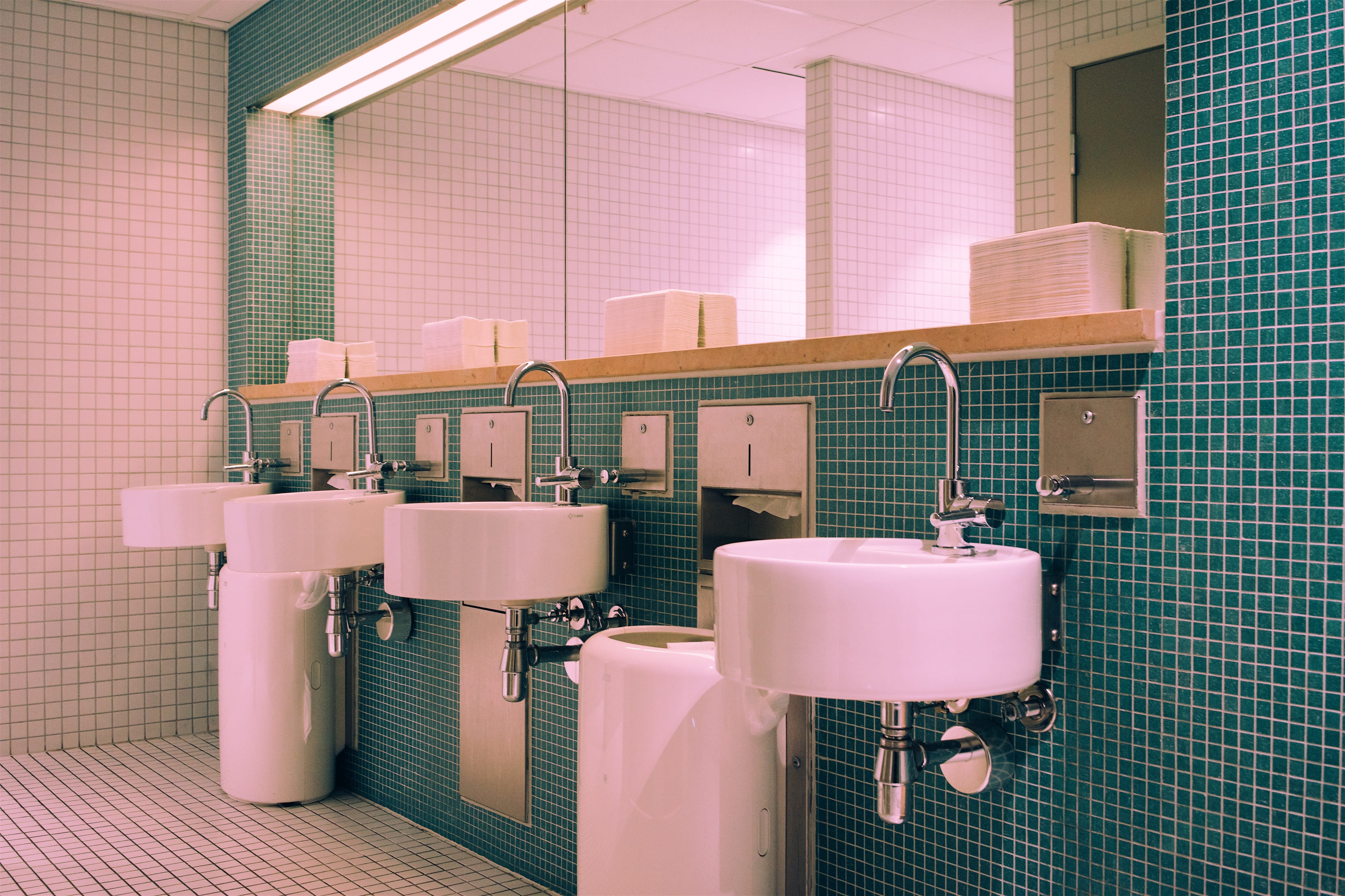 faucet, space, brick wall, household equipment, 4K, flooring, pink color, norway, interior, clean, hygiene, tiled floor, wall, toilet, home, sink, public, HD Wallpaper