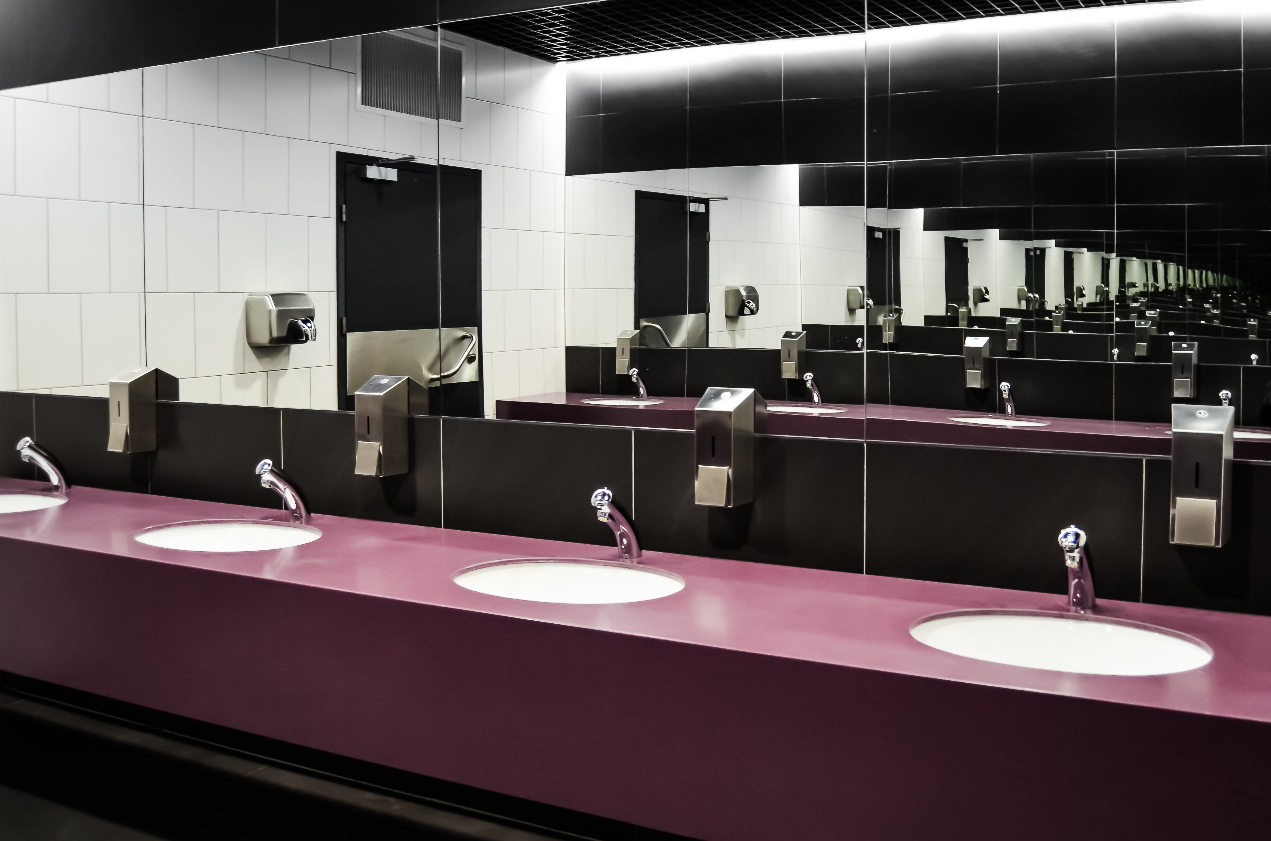 no people, indoors, mirrors, purely, sinks, public toilet, public building, white, chrome, home, four, luxury, ceramic, faucet, home interior, 4K, elegance, HD Wallpaper
