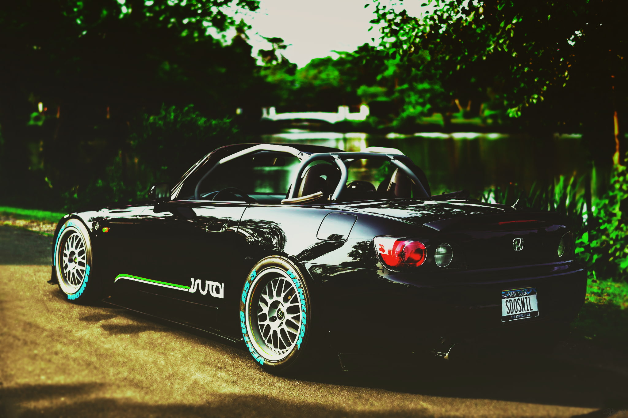 focus on foreground, motor vehicle, mode of transportation, car, Photoshop, day, land vehicle, selective focus, sunlight, outdoors, 1080P, honda s2000, HD Wallpaper