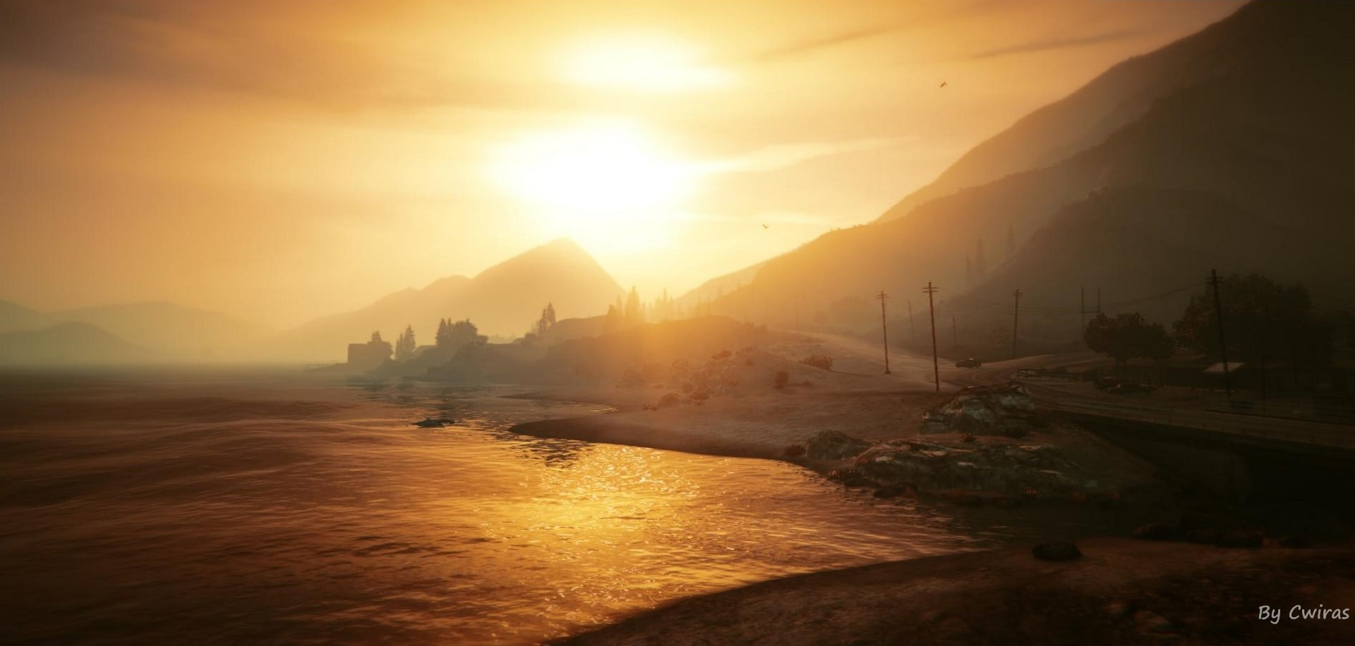 GTA5, outdoors, Grand Theft Auto V, nature, 1080P, PlayStation, sky, beauty in nature, mountain, cloud - sky, video games, mode of transportation, lens flare, HD Wallpaper