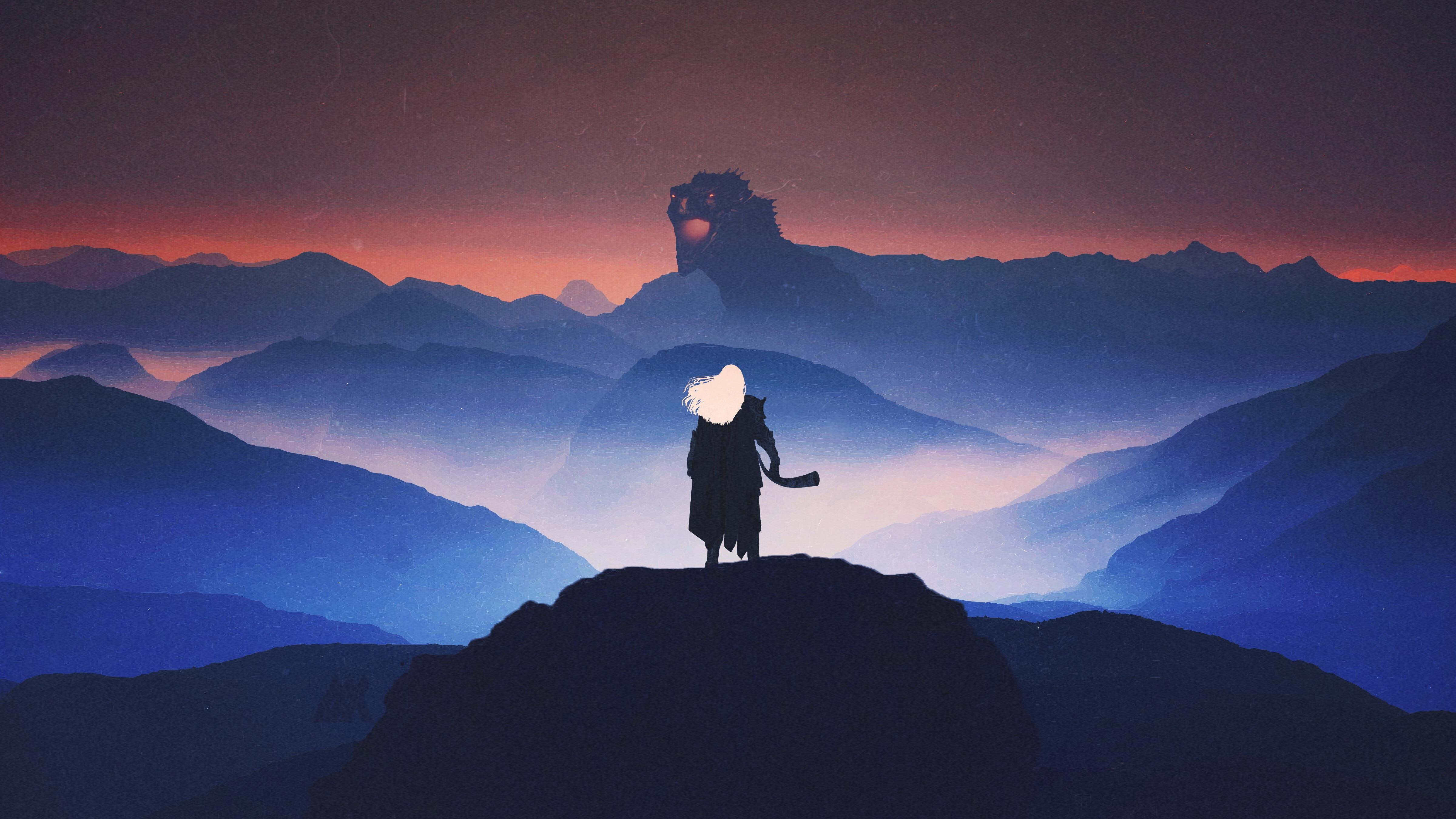 Aegon Targaryen, photo, 4K, hill, Artwork, top, Aegon the Conqueror, silhouette, Dragon, Balerion, 4K, person, Game of Thrones, Black Dread, HD Wallpaper