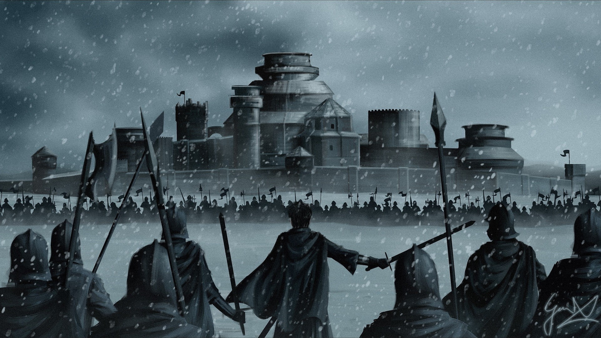 1080P, fantasy art, warrior, army, fan art, war, Winterfell, A Song of Ice and Fire, snow, winter, Stannis Baratheon, digital art, artwork, Game of Thrones, HD Wallpaper