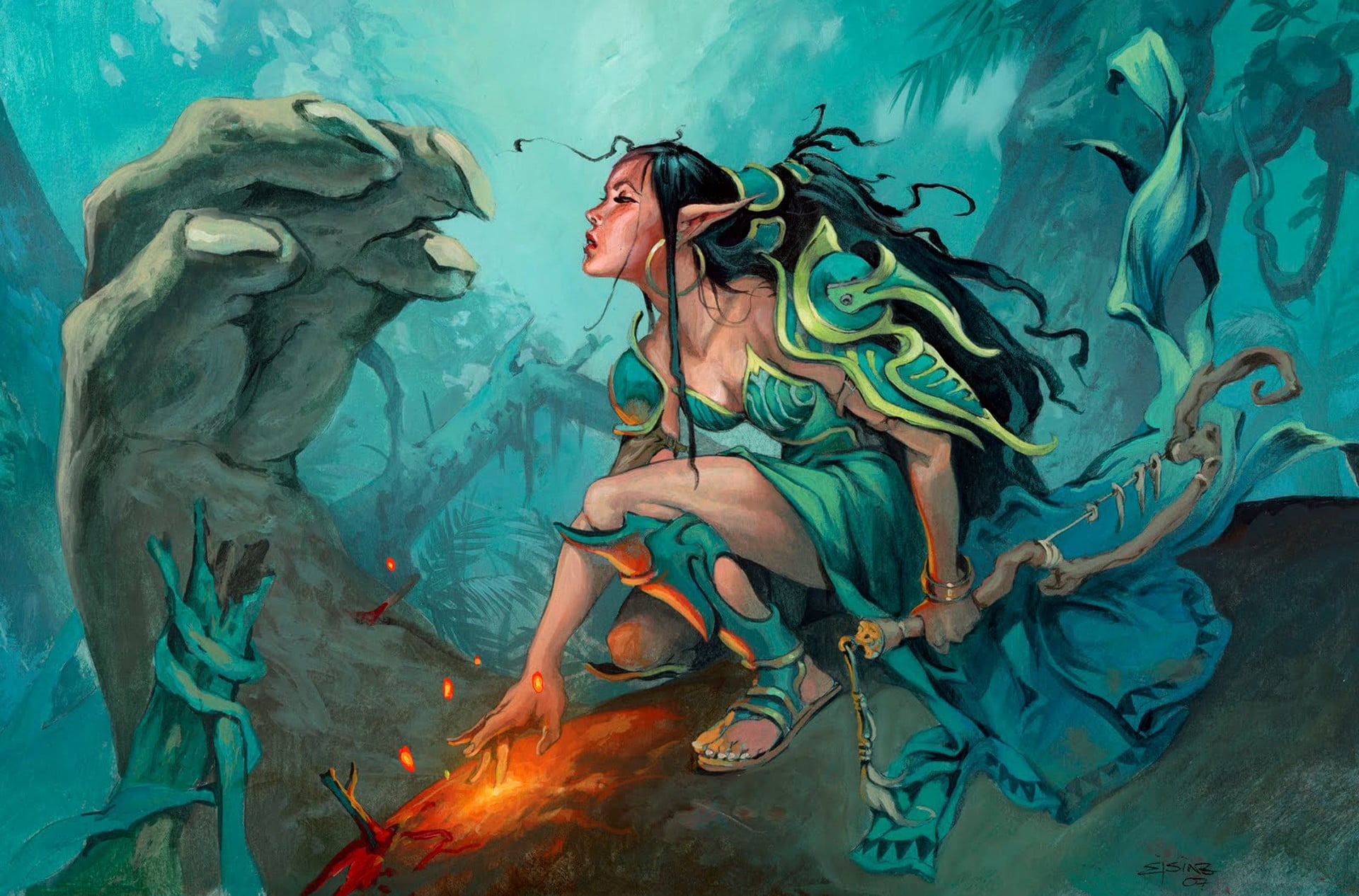burning, sea, flame, adult, women, fire, indoors, one person, clothing, females, 1080P, representation, art and craft, creativity, Huntress, nature, fantasy girl, HD Wallpaper