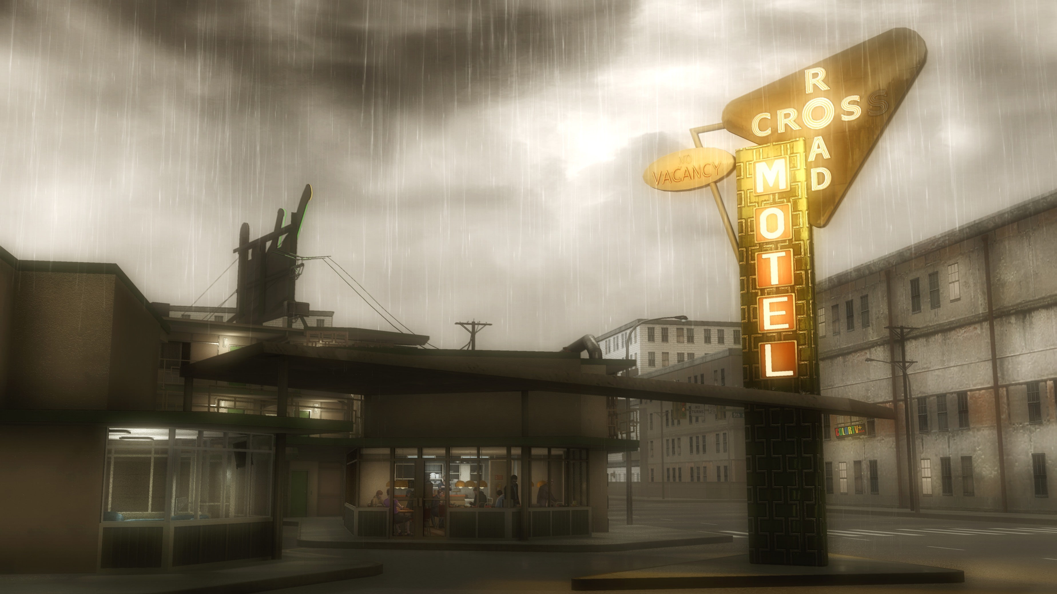 2K, architecture, video games, street, Hotels, heavy Rain, Crossroads, clouds, Play Station, building, HD Wallpaper