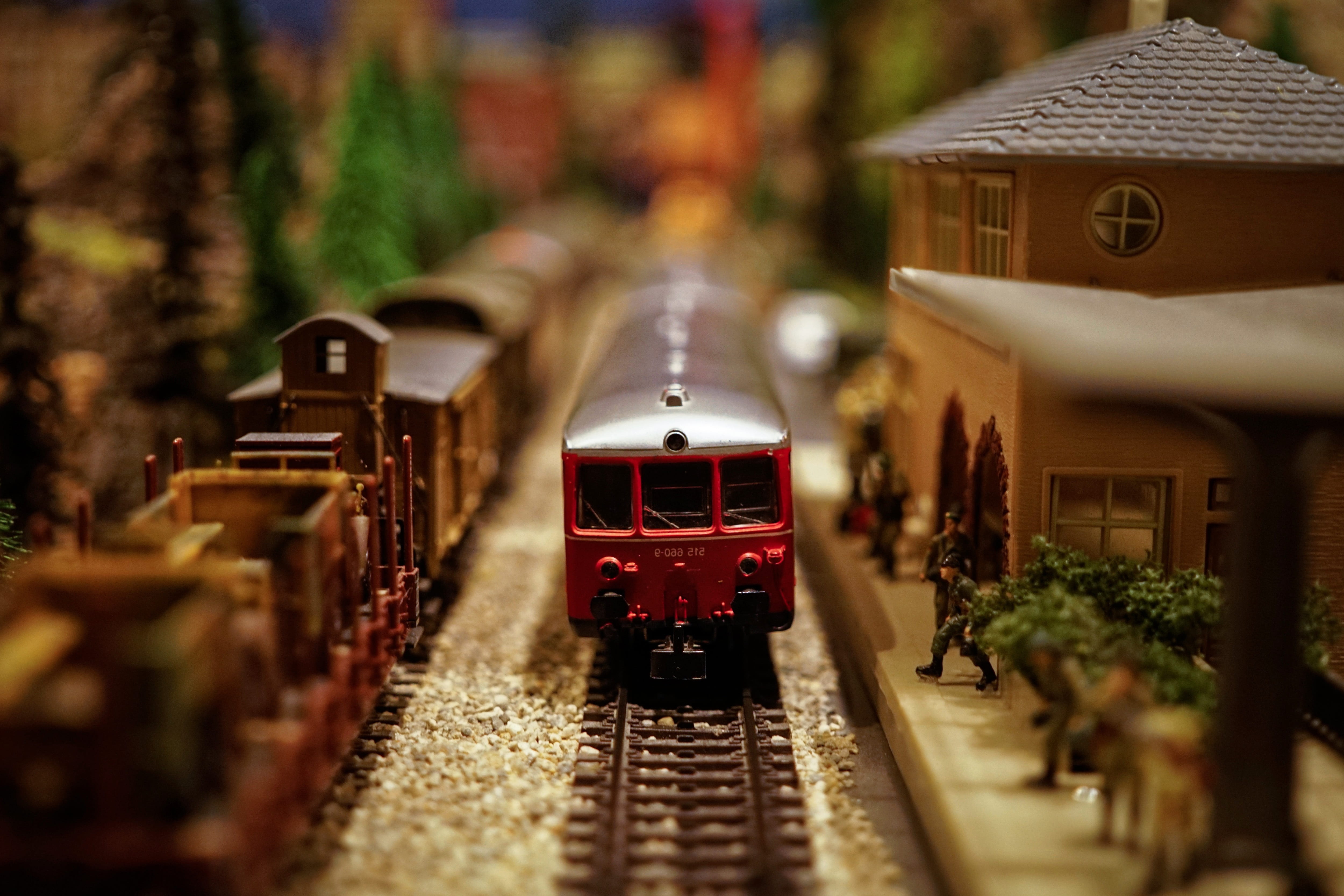 play, transport, 4K, hobby, small, plant, wheel, red, model railway, railroad track, motion, travel, public transportation, rail transportation, model train, HD Wallpaper