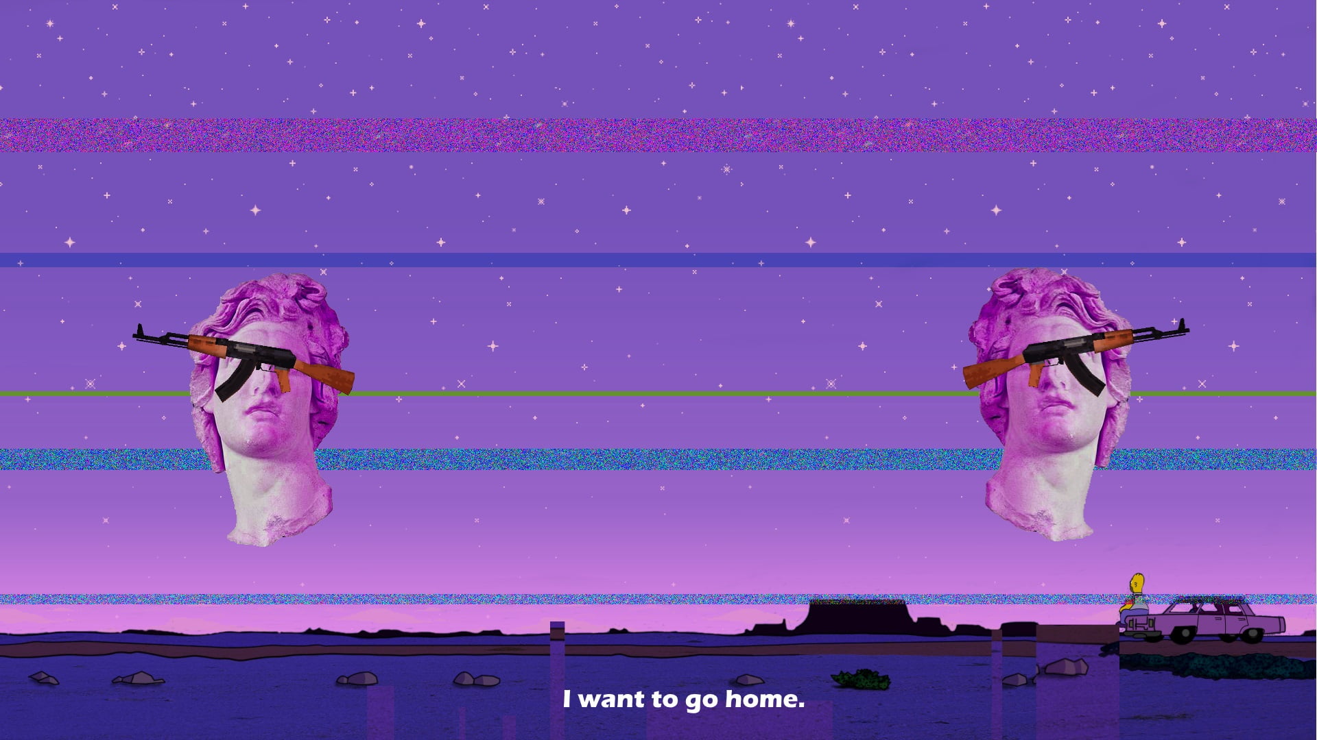 lifestyles, pool, purple, Homer Simpson, AK-47, people, outdoors, real people, digital composite, full length, vaporwave, gun, 1080P, nature, men, two people, HD Wallpaper