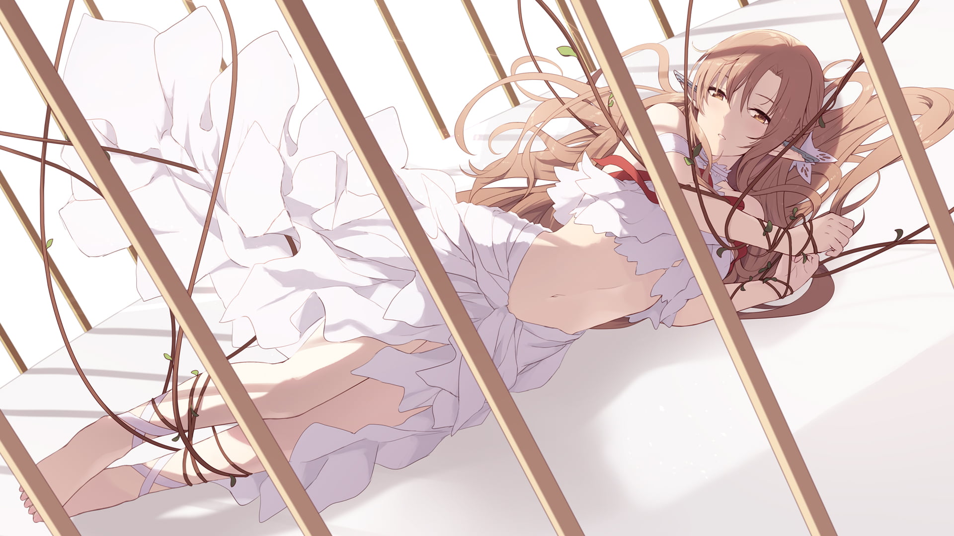 pointy ears, drawing, Sword Art Online, 1080P, belly, 2D, lying on side, artwork, anime, cages, anime girls, Cait, looking at viewer, digital art, long hair, HD Wallpaper