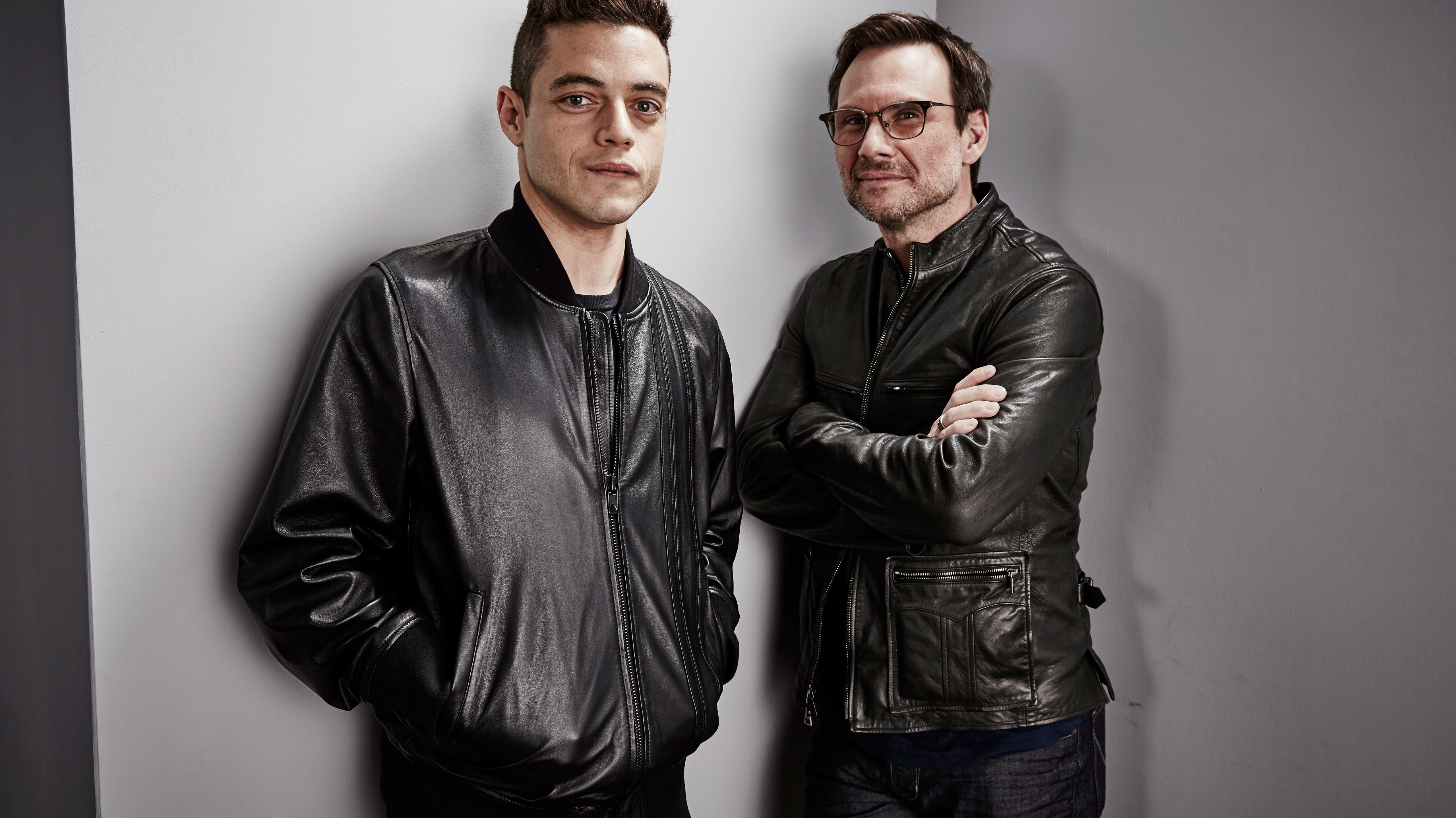 two, jackets, Rami Malek, 5K, men, christian slater, Emmy 2016, elliot alderson, best TV series, Mr. Robot 2 season, black, leather, HD Wallpaper