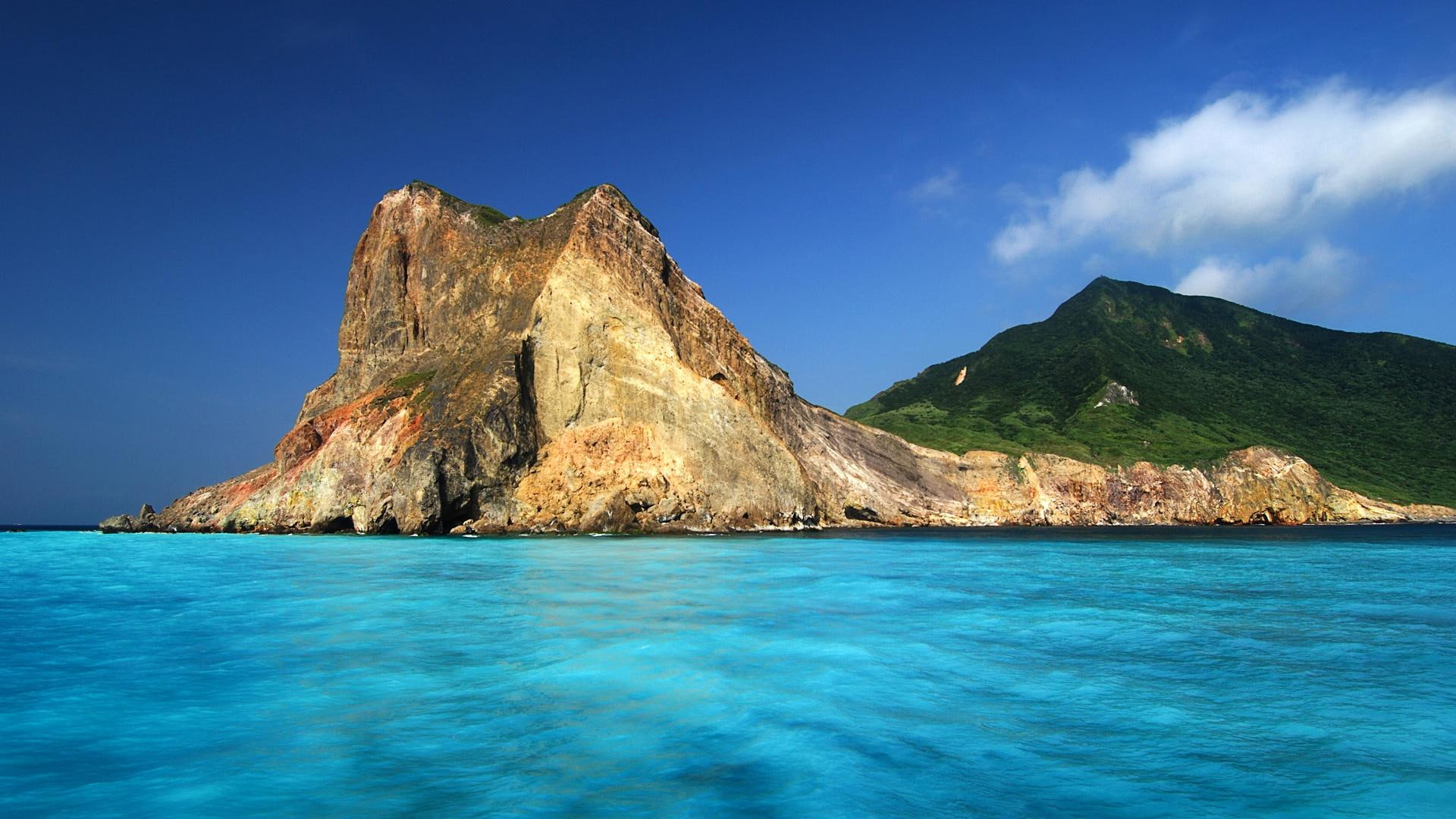 ocean, shore, cliff, 3d and abstract, aquamarine, mountain, 1080P, HD Wallpaper