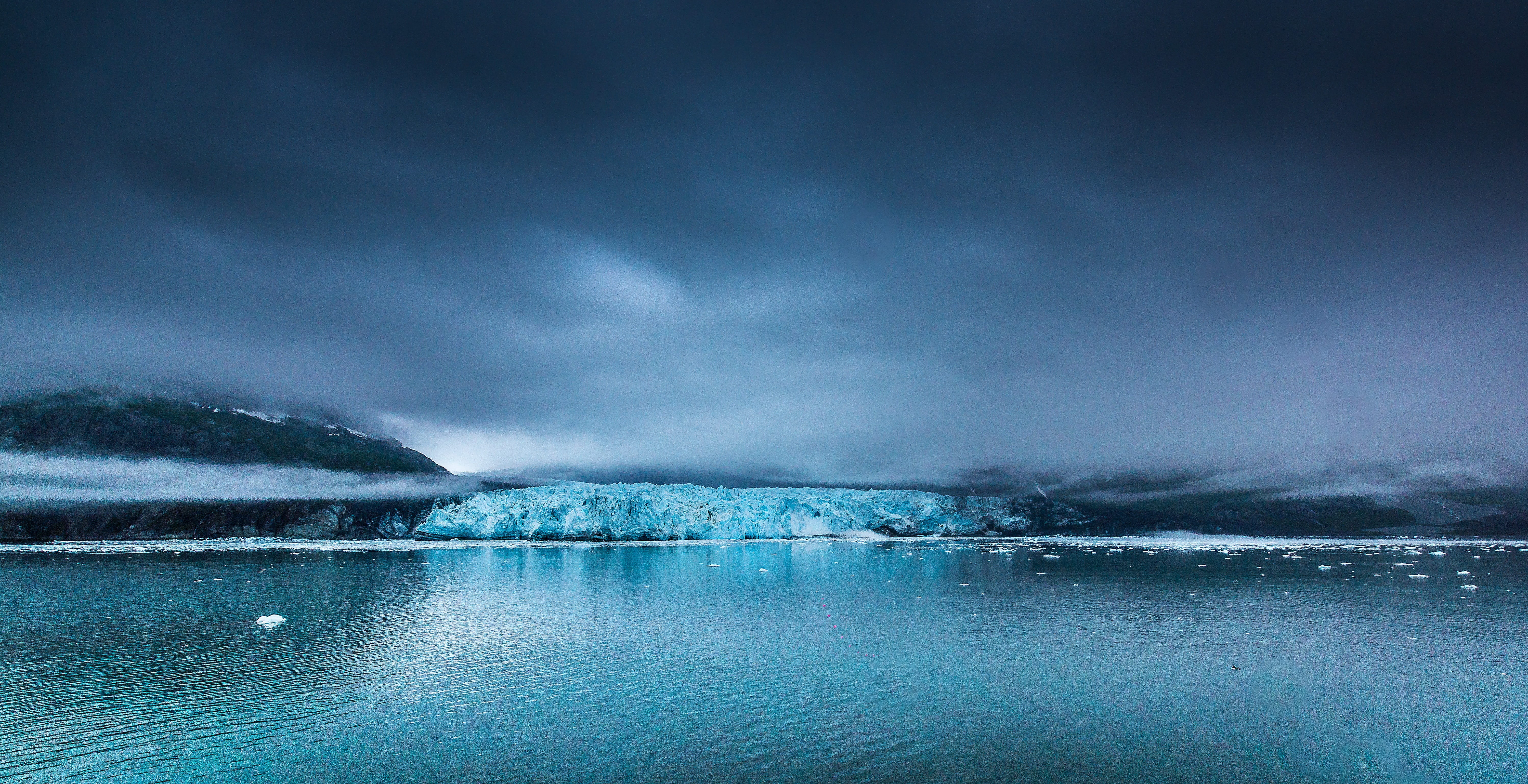 ice, canada, water, glacier, fog, aquamarine, glacier bay, dark clouds, cold temperature, climate warming, environment, pacific, power in nature, snow, HD Wallpaper