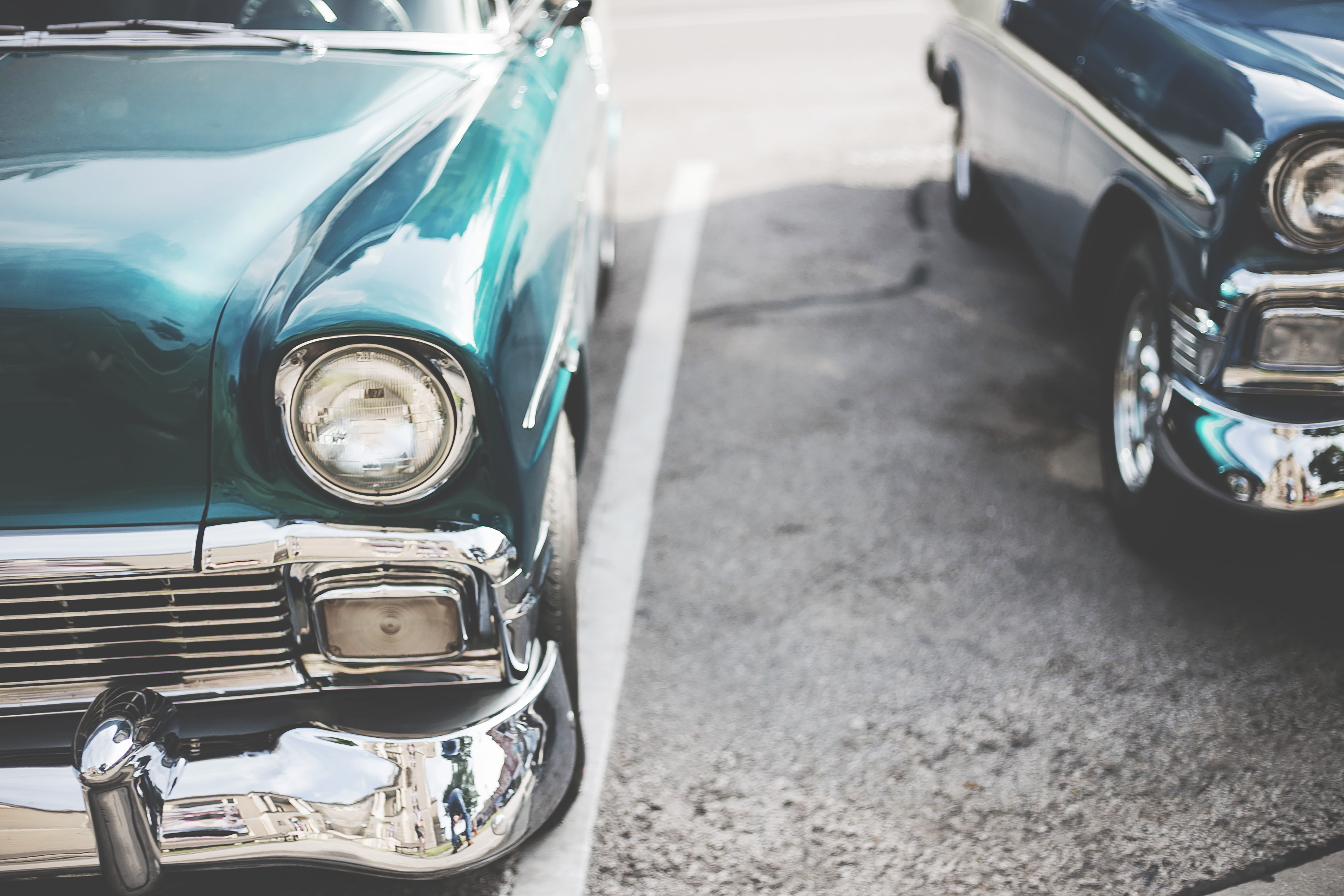 retro, close-up, metal, parking lot, focus on foreground, antique, motor vehicle, vintage, teal, lot, stationary, parking, vintage car, closeup, two, retro styled, HD Wallpaper