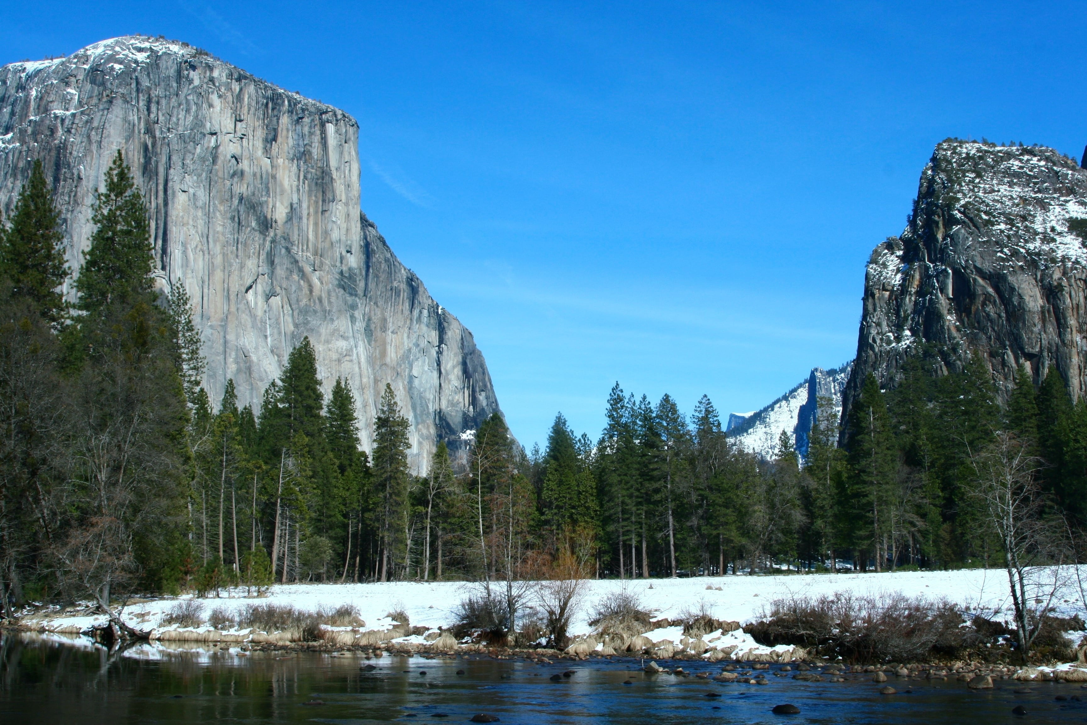 nature, scenics - nature, adventure, solid, landscape, cold temperature, lake, yosemite, blue sky, forest, tranquil scene, water, outdoors, white, spring, HD Wallpaper