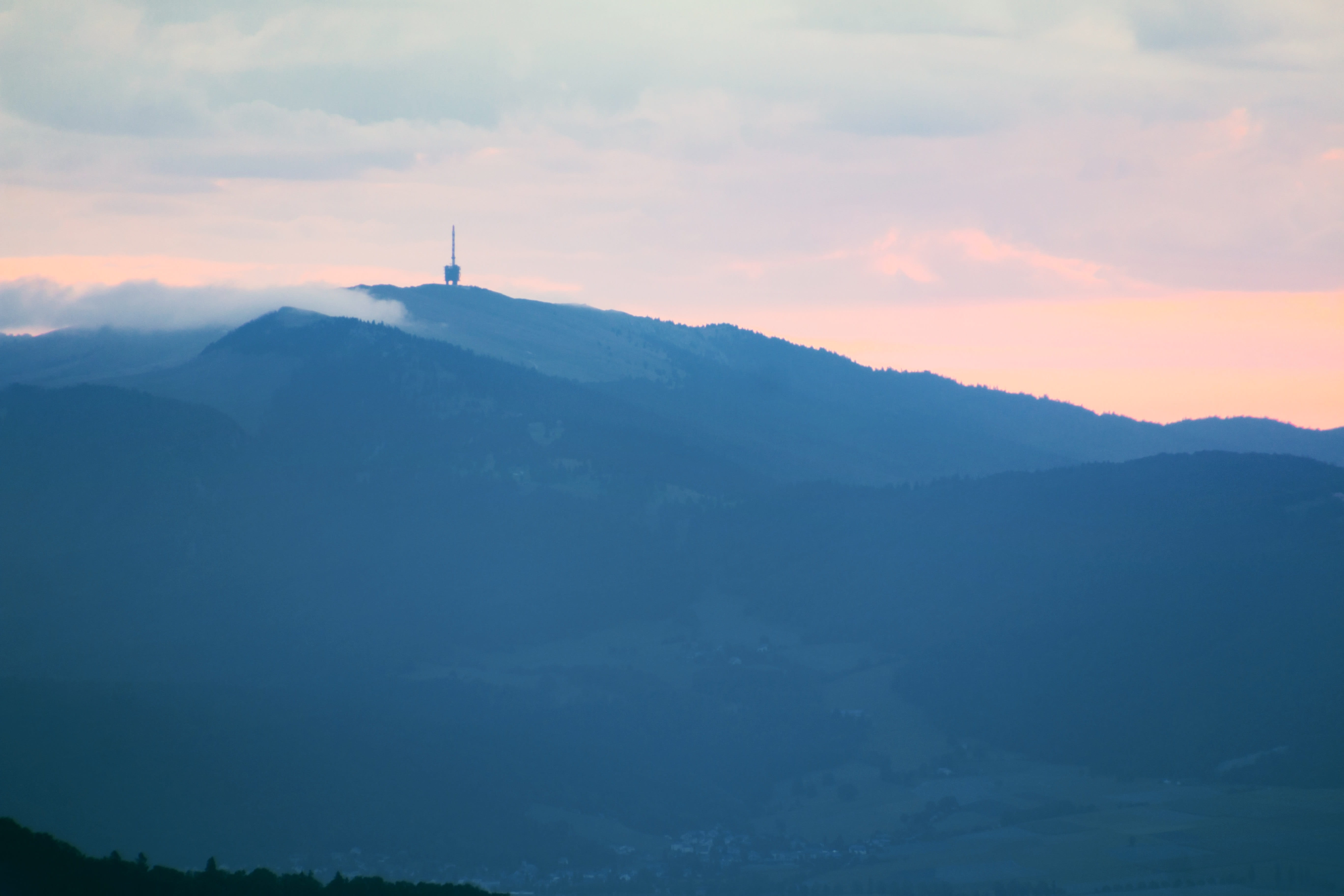 nature, mountains, tv tower, blue, cloud - sky, recovery, radio, jura, rest, 5K, scenics - nature, radio tower, imposing, landscape, environment, communication, HD Wallpaper