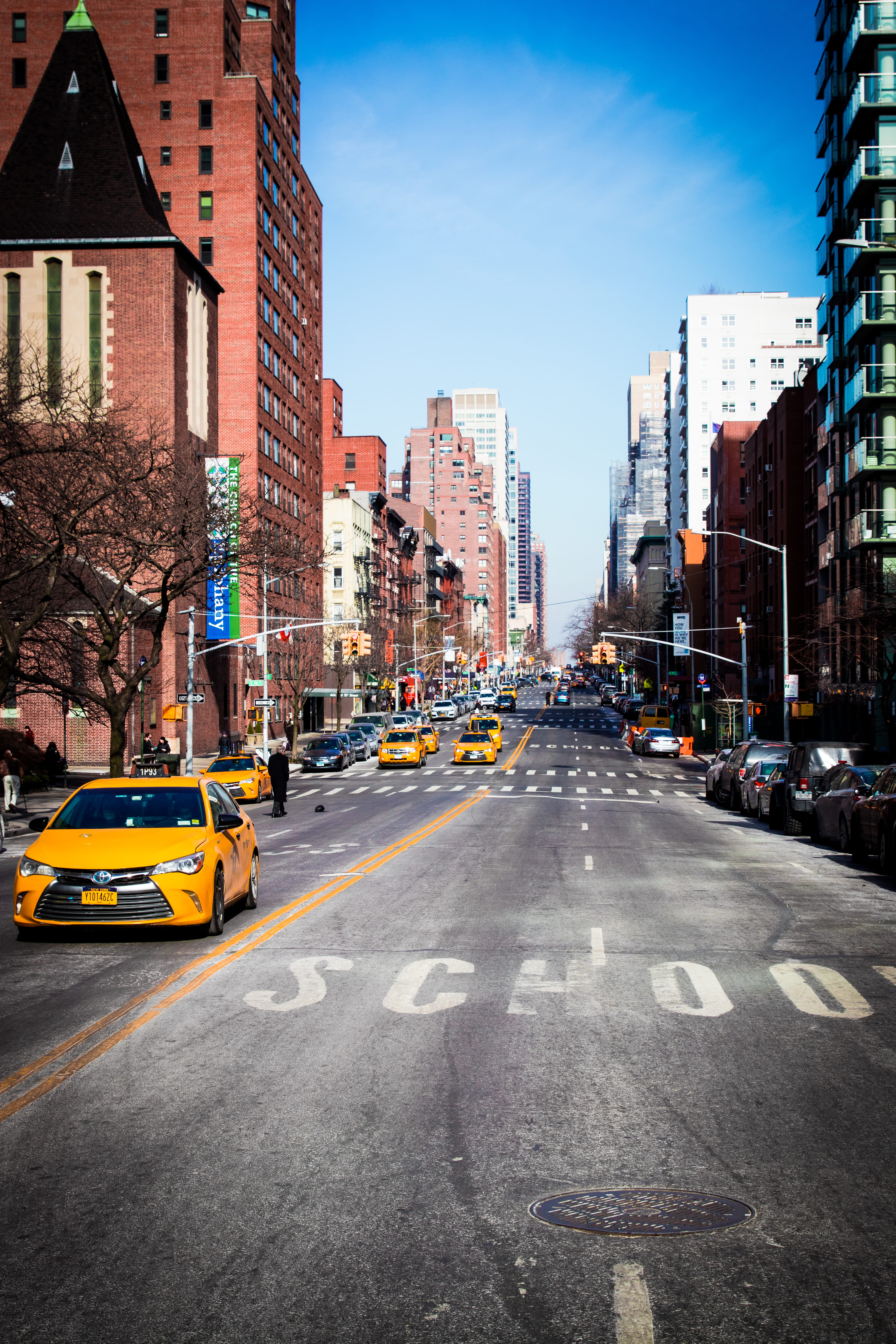 Car, sign, transportation, Taxi, Street, 5K, Cab, Blue Sky, Street Life, Manhattan, mode of transportation, land vehicle, motor vehicle, built structure, Phone HD Wallpaper