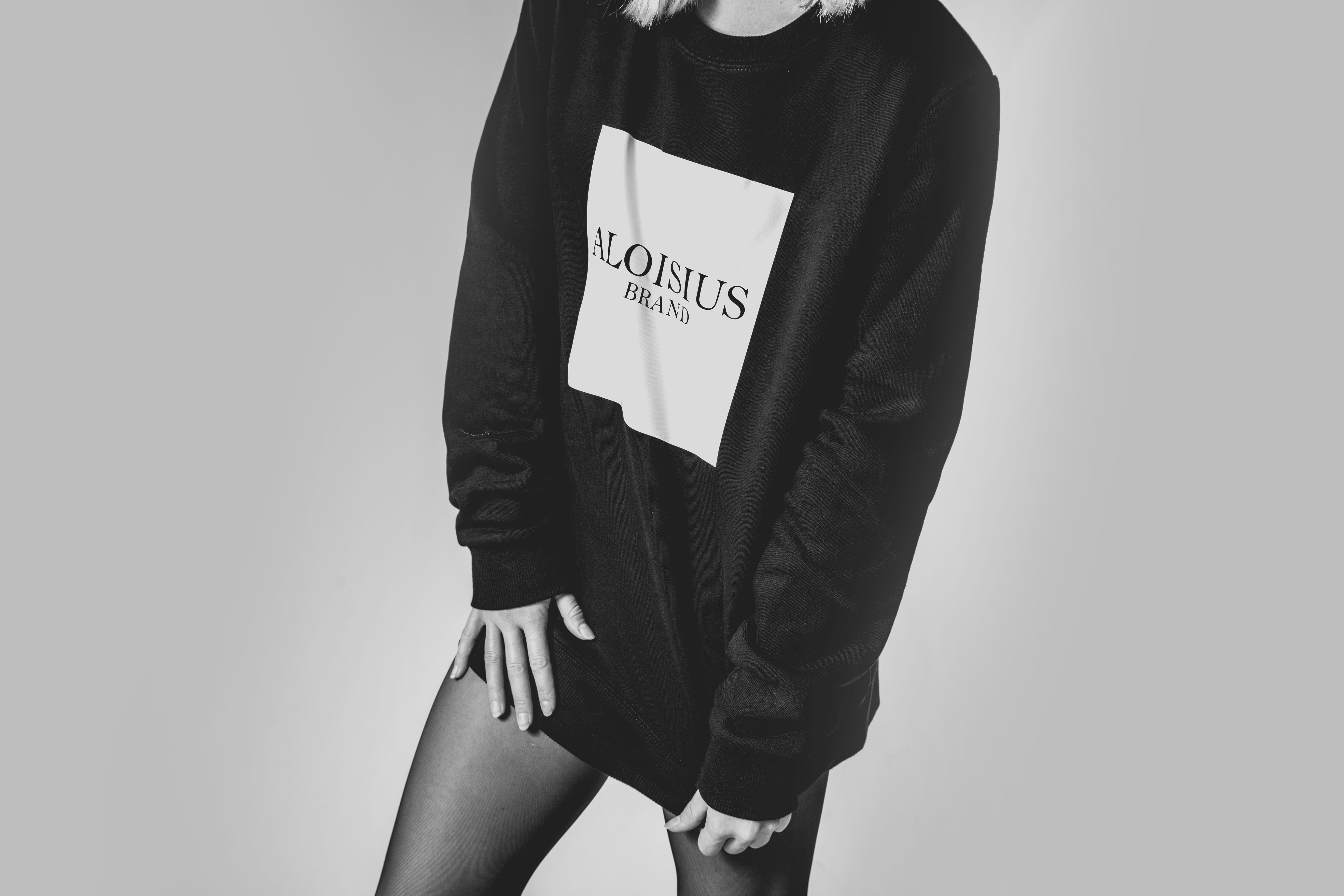 western script, front view, midsection, sweatshirt, lifestyles, black and white, people, studio shot, 5K, fashion, white background, indoors, clothing, HD Wallpaper