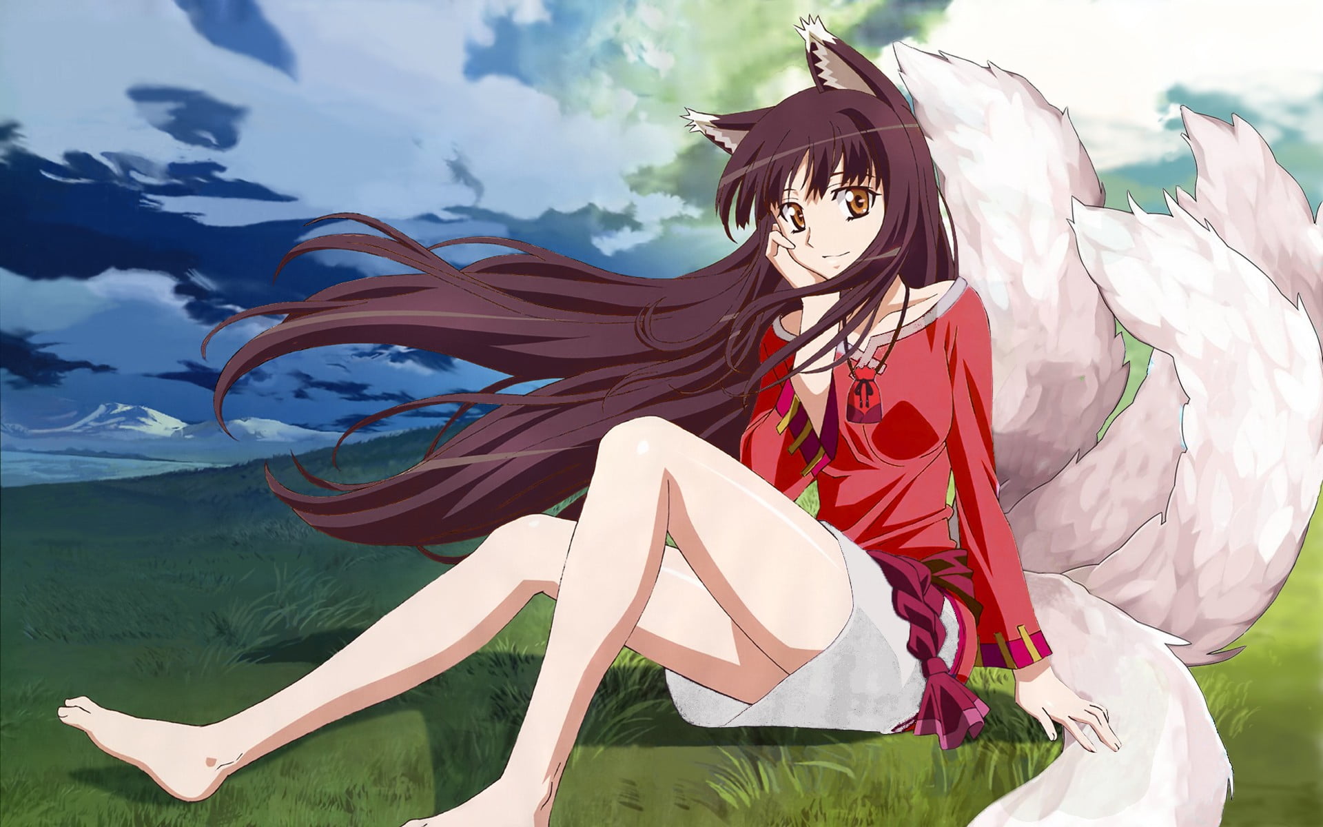 anime, Ahri, nature, anime girls, 1080P, scarf, adult, Photoshop, wolf girls, real people, wind, fashion, one person, textile, sky, cloud - sky, lifestyles, HD Wallpaper