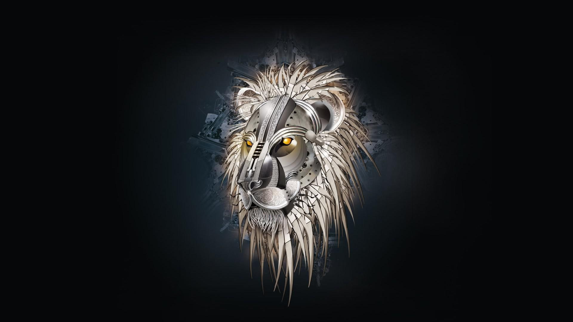 lion, image, gray, head, 1080P, digital art, edited, brown, steampunk, 1920x1080, HD Wallpaper