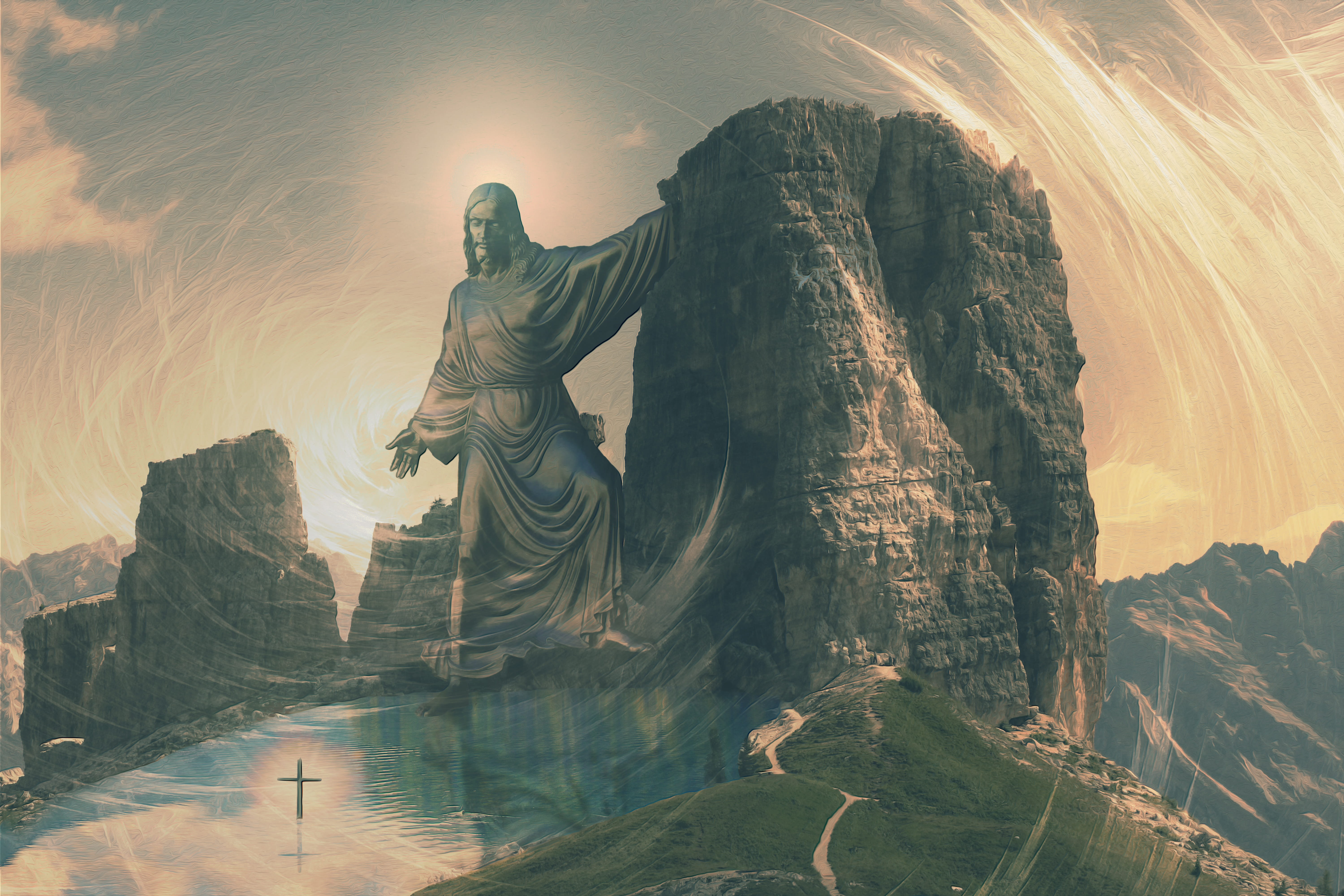 5K, art and craft, sky, male likeness, memorial, low angle view, representation, composing, panorama, rock formation, image editing, travel, cross, creativity, HD Wallpaper