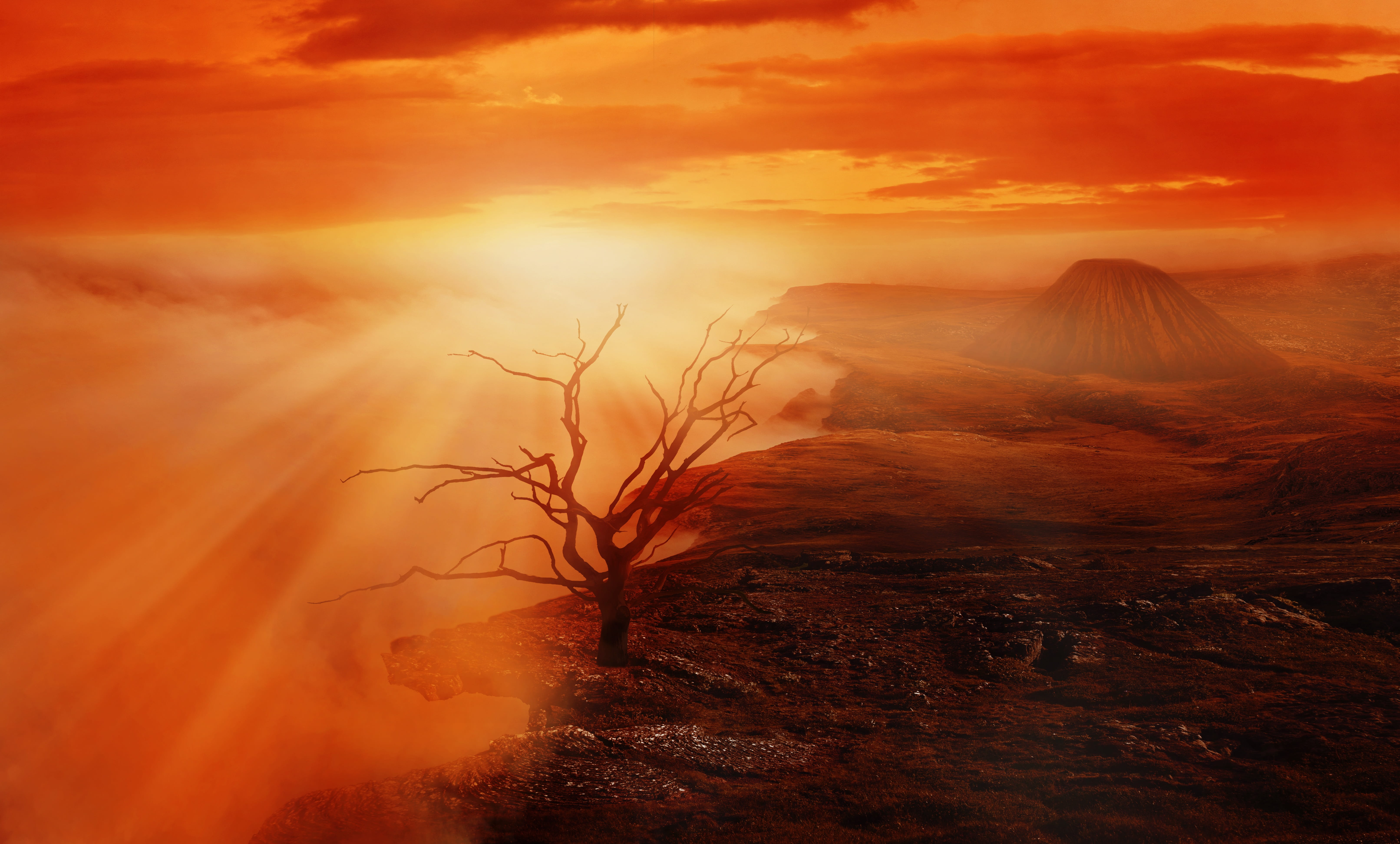tranquil scene, volcano, background image, atmosphere, cloud - sky, mood, sunset, fantasy, weird, lighting, tree, clouds, 5K, fog, surreal, sky, rock, HD Wallpaper